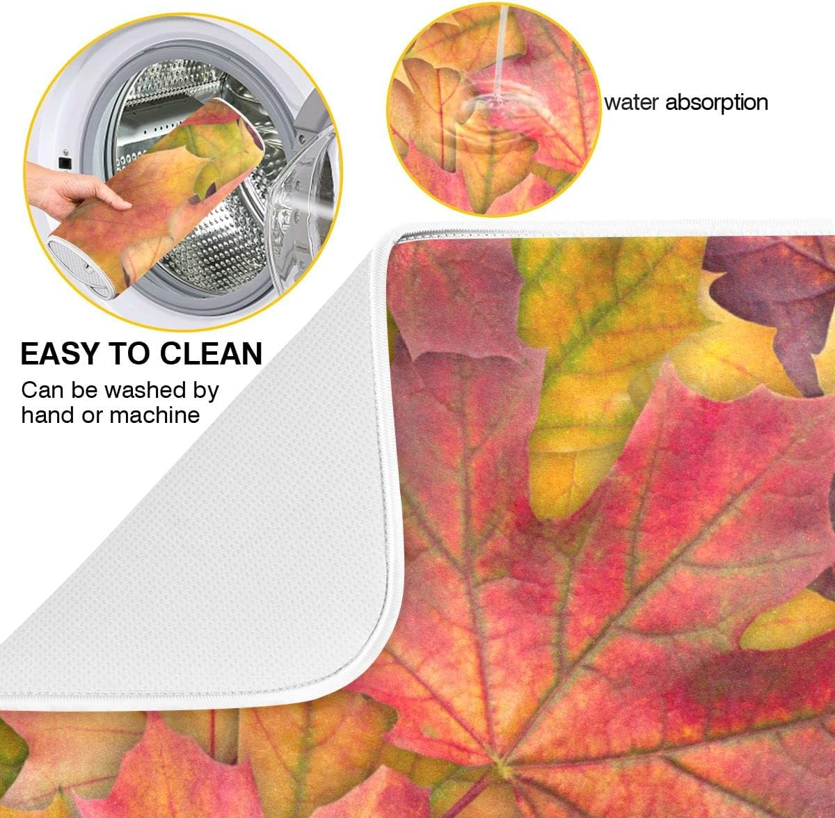 Colorful Autumn Maple Leaves Dish Drying Mat for Kitchen Counter Fall Drying Mat 18 x 24 Inch with Absorbent Reversible Microfiber Dish Drying Pad Dish Rack Drainer Mats for Coffee Bar