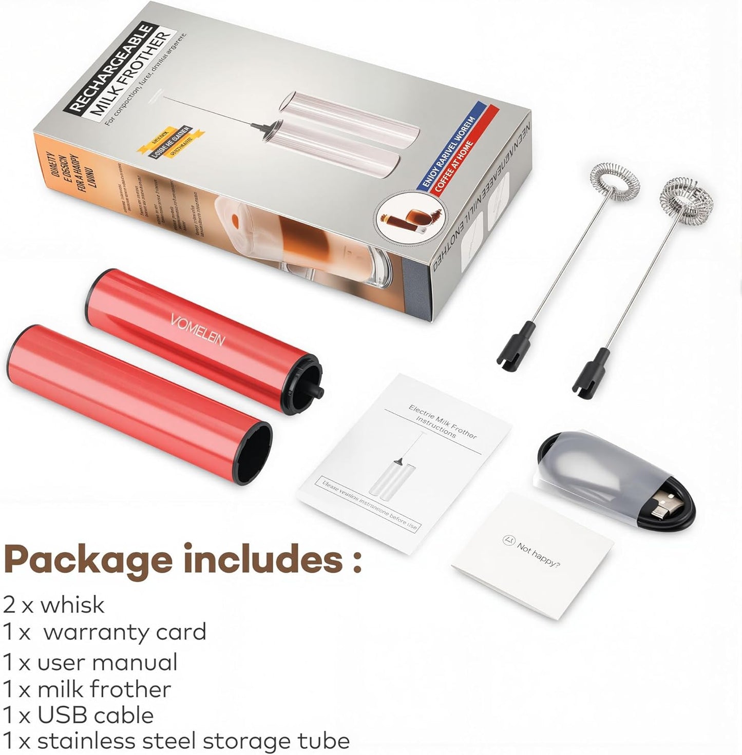 Rechargeable Milk Frother Handheld Electric Frother Wand Milk Foamer Drink Mixer for Coffee, Lattes, Cappuccino, and Egg, Stainless Steel for Travel-Rube Red