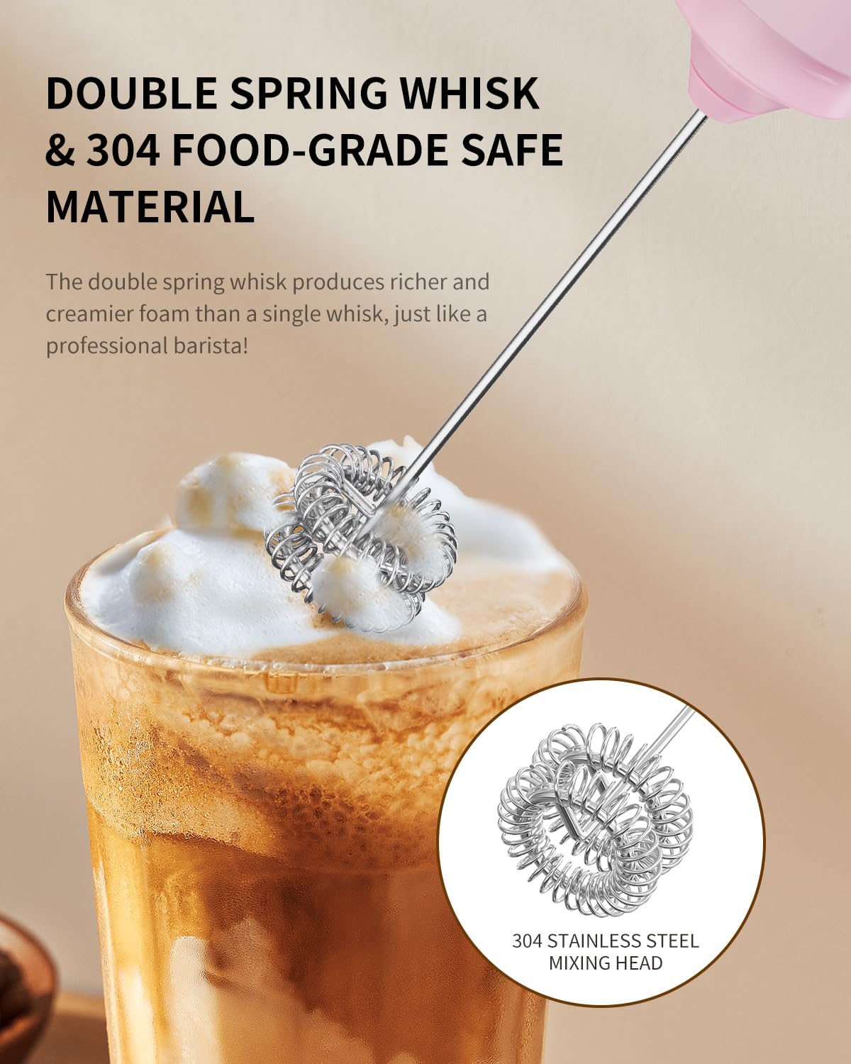 CIRCLE JOY Portable Rechargeable Milk Frother Hanheld, Dual Spring Whisk Electric Coffee Frother Wand Drink Mixer for Matcha Lattes Cappuccino, Kitchen Gifts, Pink