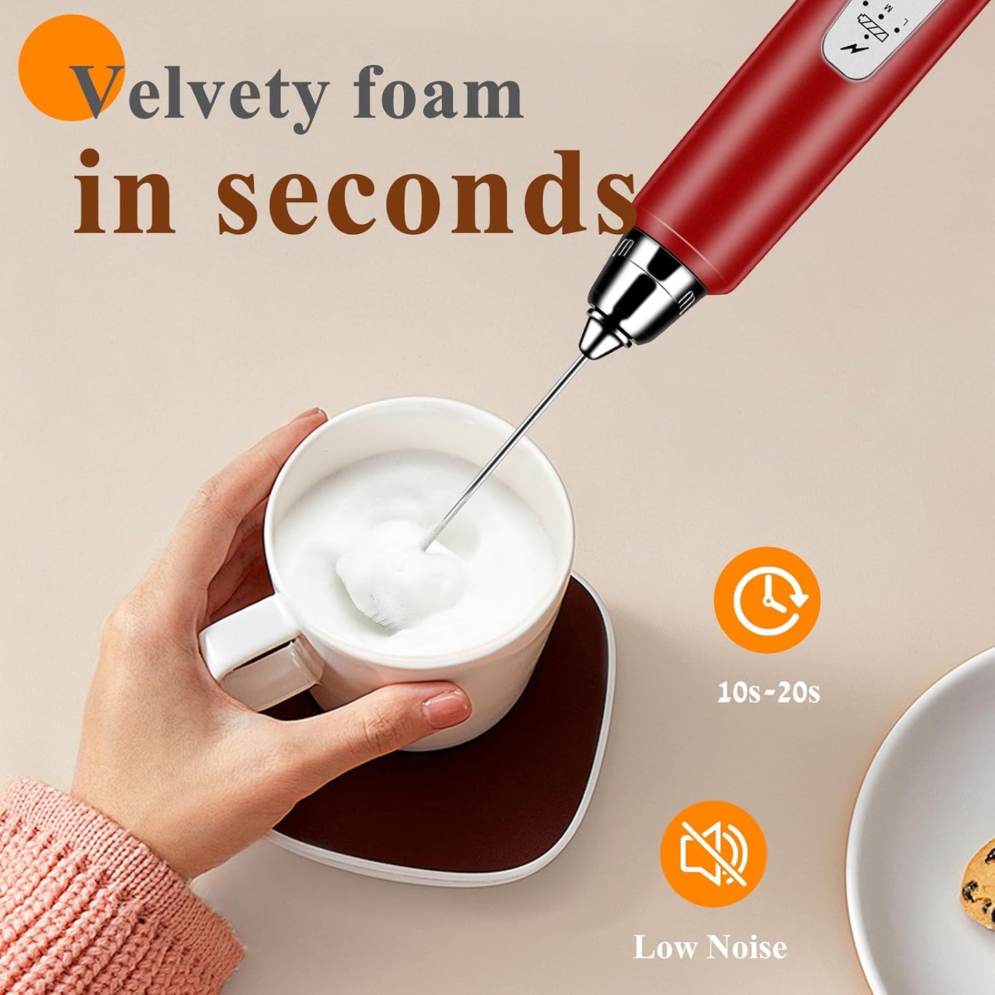 Milk Frother Handheld Rechargeable with Stand, Frother Wand Drink Mixer Electric Whisk for Coffee, Detachable With 3 Stainless Whisks, Hand Mixer for Lattes, Cappuccino, Matcha, Egg, Red