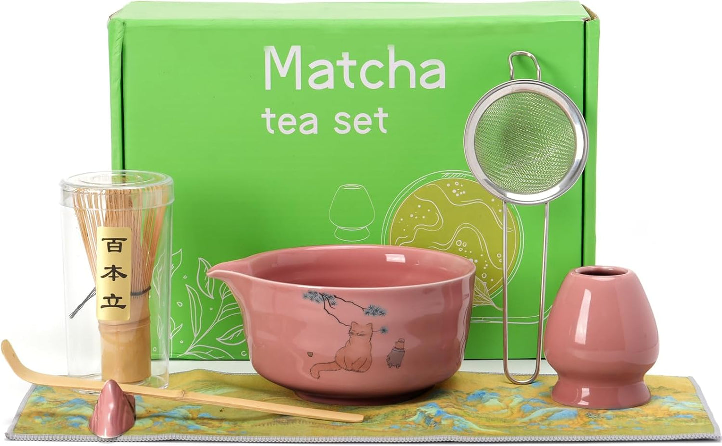 Matcha Set - Japanese Matcha Kit Set 7-Pcs: Ceramic Bowl (Chawan), Matcha Whisk and Holder, Bamboo Scoop, Scoop Rest, Sifter and Towel - Authentic Tea Ceremony Tools for Tea Lovers (Hot Pink)