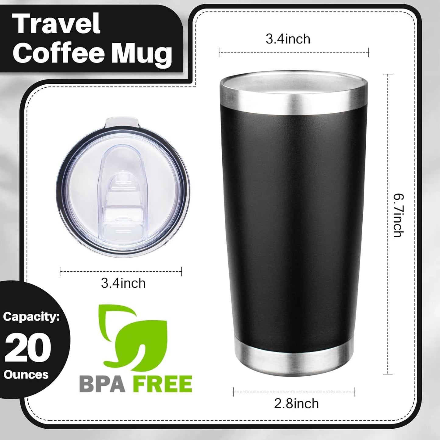 20oz Tumbler with Lid Double Wall Vacuum Insulated Travel Coffee Mug Stainless Steel Thermal Cup Powder Coated Sturdy Coffee Tumbler Bulk for Hot and Cold Beverage (Black,4)