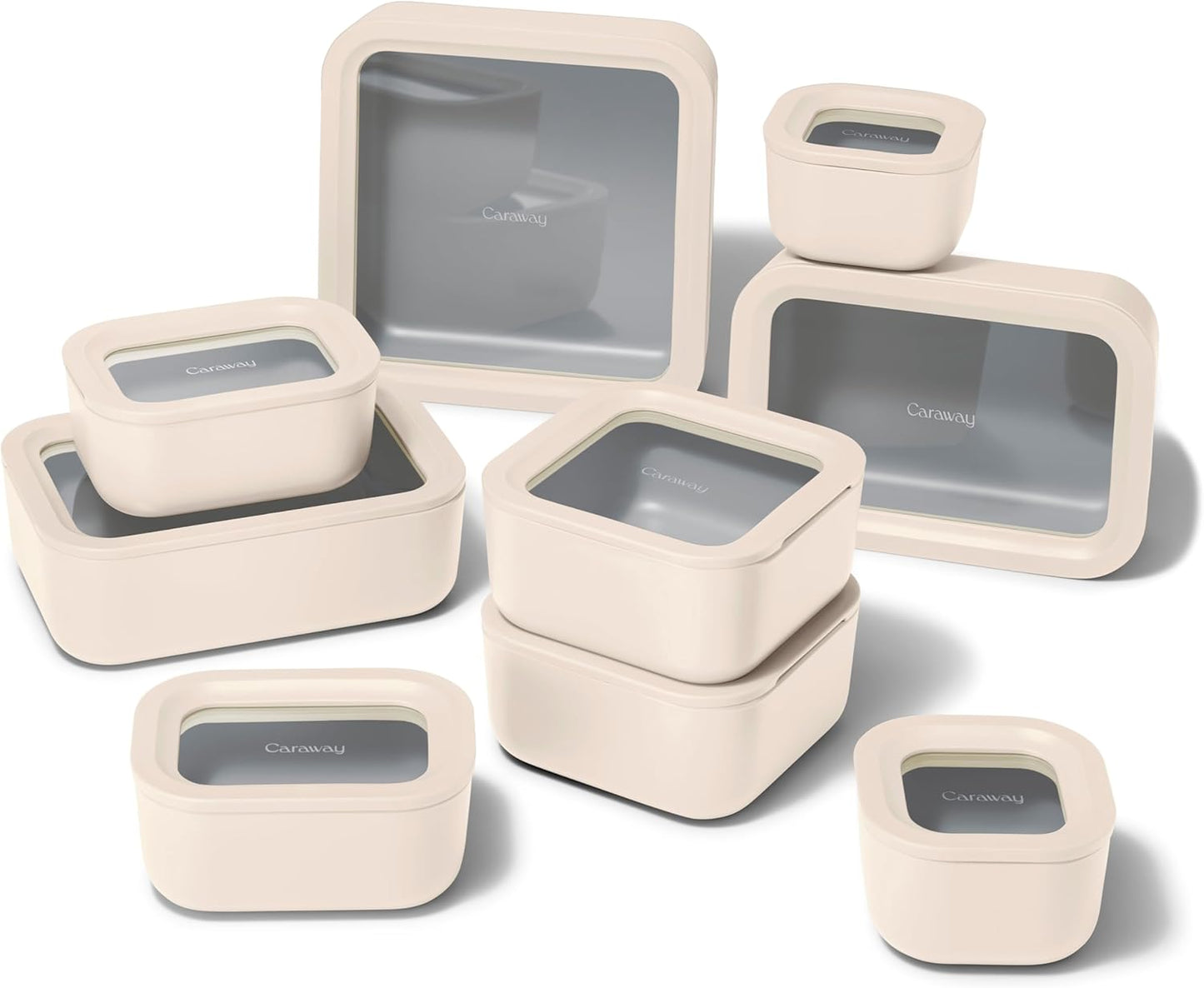Caraway 25pc Glass Food Storage Set - Glass Storage Containers for Food - Non-Toxic Ceramic-Coated Glass - Air Release Technology - Compact & Stackable Design - Cream