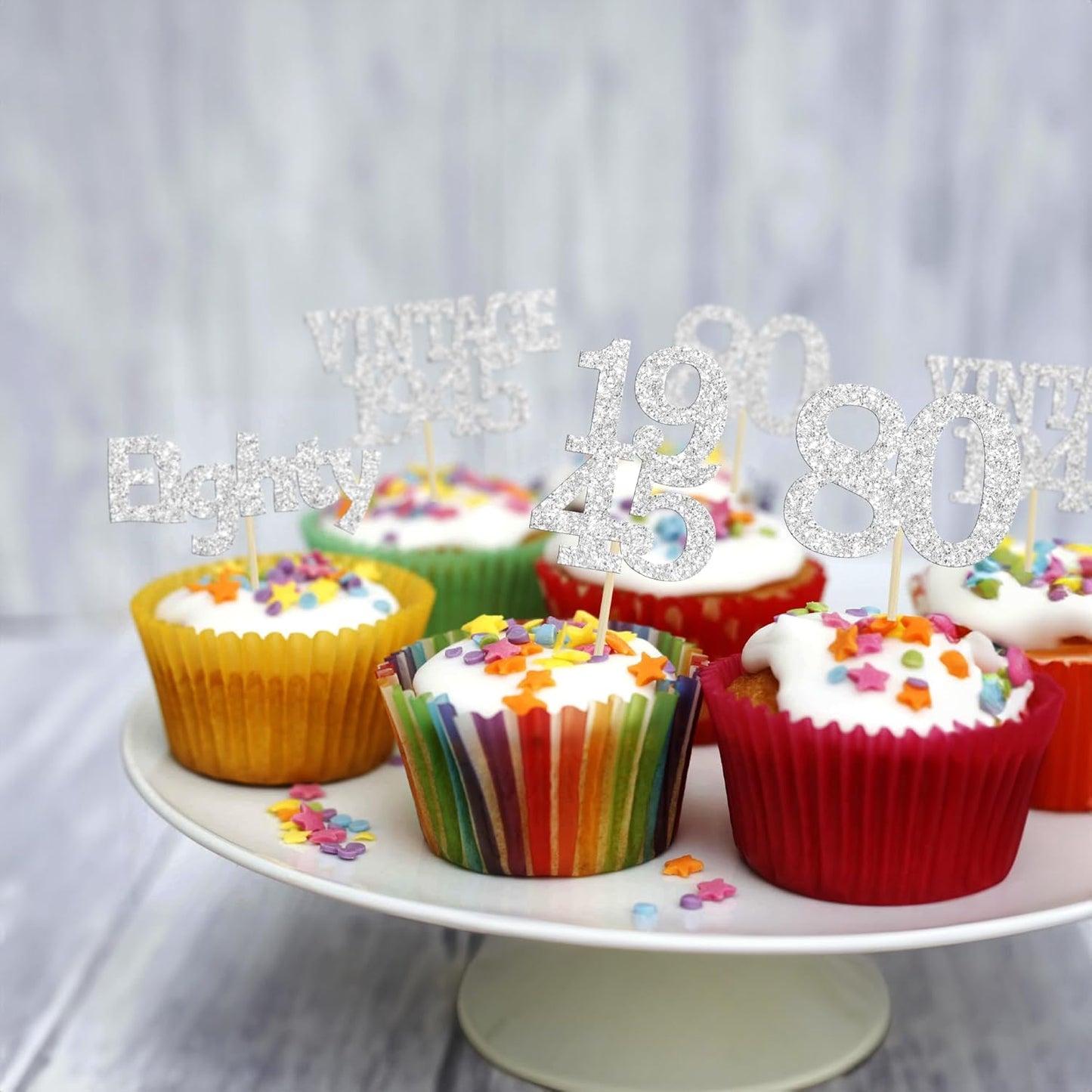 Gyufise 24Pcs 80th Birthday Cupcake Toppers Glitter Cheers to 80 Fabulous Eighty Vintage 1945 Cupcake Picks 80th Birthday Wedding Anniversary Party Cake Decorations Supplies Silver