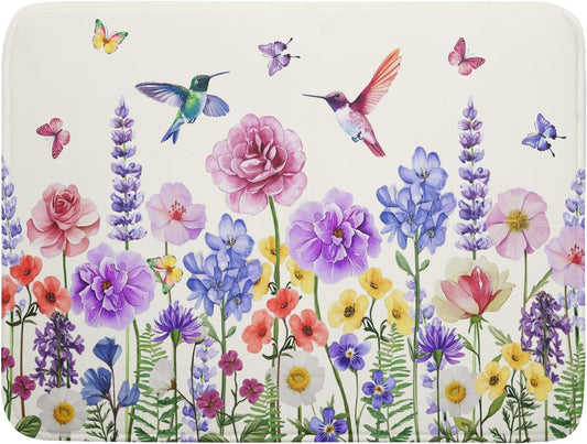 Giwawa Hummingbird Flower Dish Drying Mat 18x24 inch Watercolor Spring Herb Floral Dish Drainer Mats Wildflower Plant Reversible Microfiber Dish Drying Pad for Kitchen Countertop Large Decor