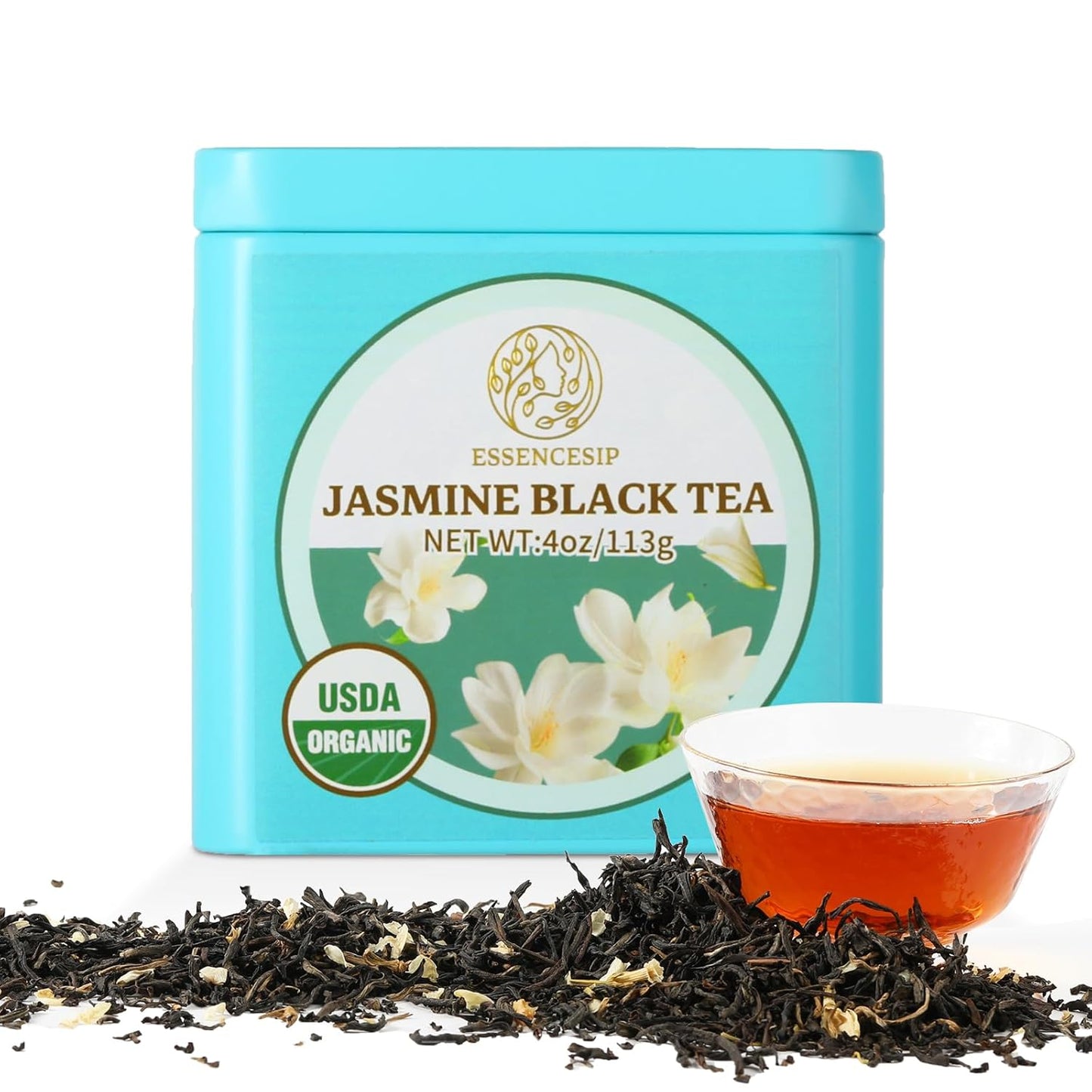 Essencesip Jasmine Black Tea - Floral Twist on Classic English Breakfast Style, 4oz Organic Loose Leaf tea in Reusable Tin