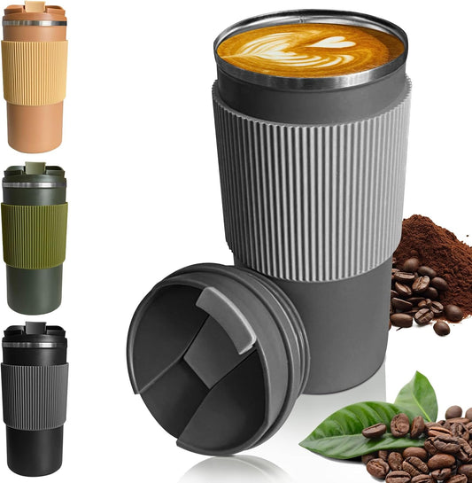 YINBAOGE Insulated Travel Coffee Mug Spill Proof Leak Proof Pobtable To Go Camping Stainless Steel Coffee Tumbler Reusable Coffee Cups with Lids Thermos for Hot and Cold Drink (4th-Gray, 15OZ)