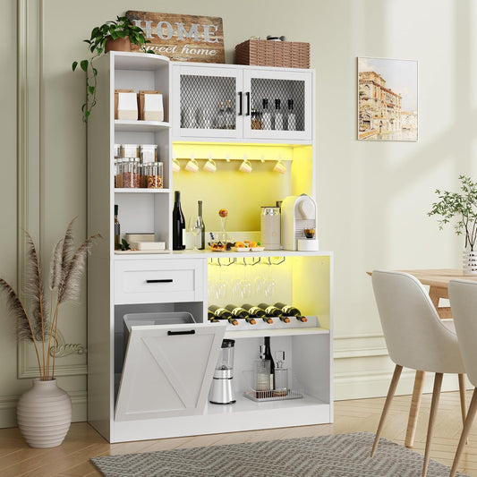 67.3" Tall Modern Kitchen Pantry Storage Cabinet with Drawer and Shelves, Tilt Out Trash Can, Coffee Bar Wine Cabinet with LED Lights and Power Outlet, Wine Glass Rack, 2 Mesh Doors (White)