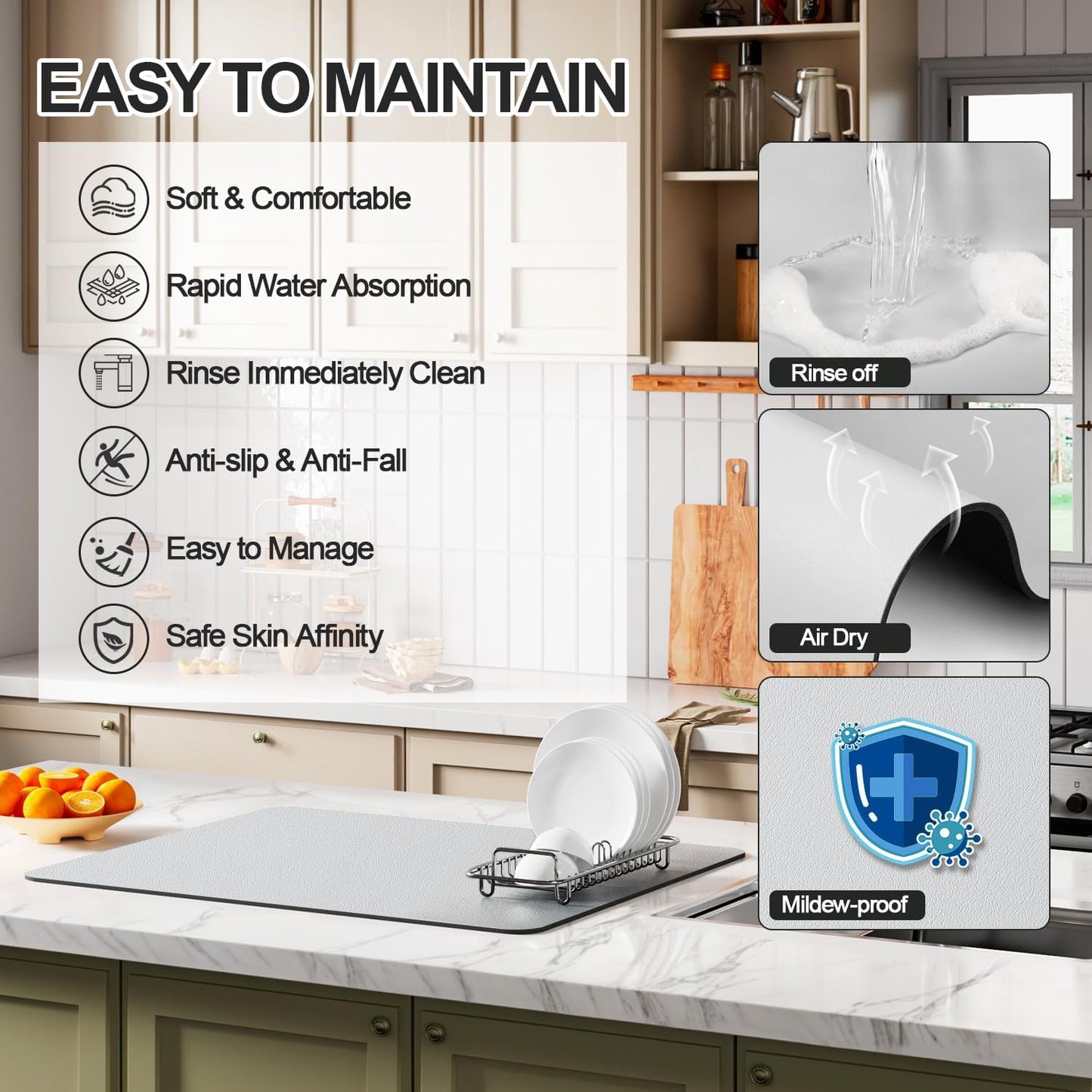 Dish Drying Mat for Kitchen Counter | Coffee Bar Mat for Countertops | Heat Resistant Drainer Mat with Non-slip Rubber Backed | Hide Stain Kitchen Absorbent Draining Mat | Light Grey 18"x32"