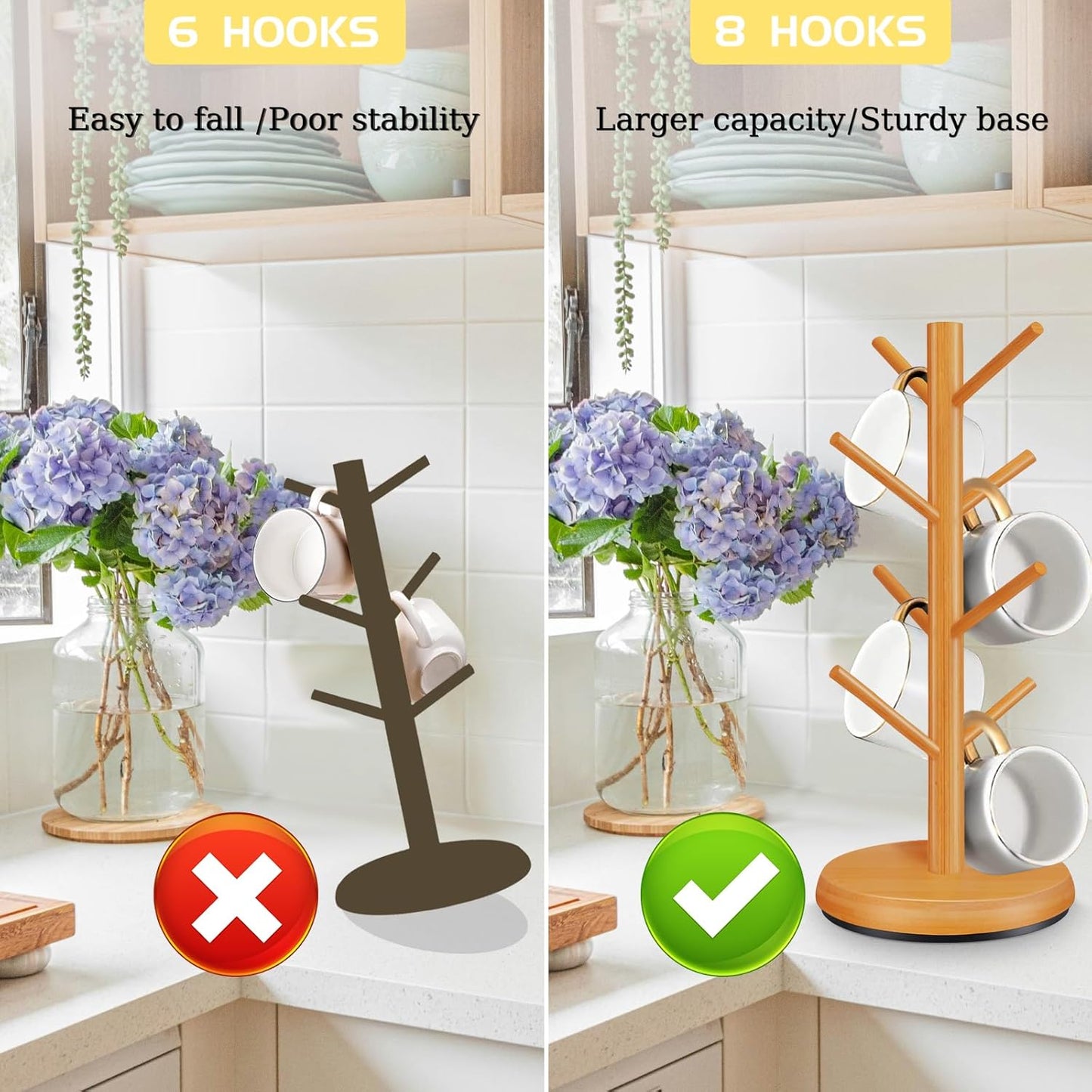 Mug Holder Tree,New Upgraded 360° Rotated 8 Hooks Coffee Cup Holder for Counter,Wood Coffee Mug Rack Standing for Co ffee Bar Accessories and Kitchen Home Organizer(Brown)