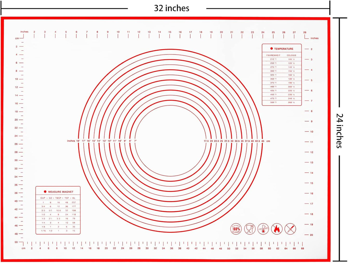 Yansumi silicone pastry non stick baking mat with measurement fondant mat with three sizes for silicone baking mat, counter mat, dough rolling mat,fondant/pie crust mat. (XXL, 32"L x 24"W,Red)