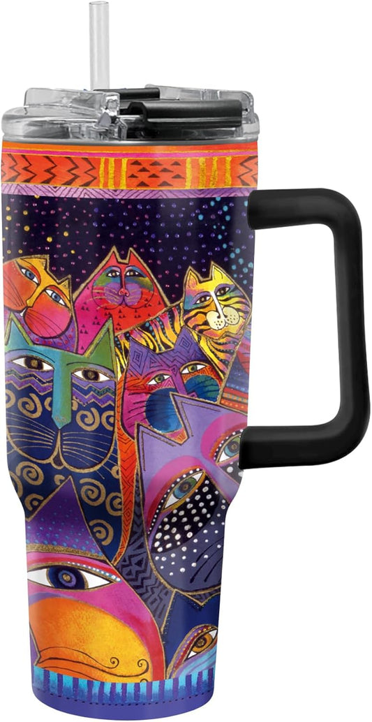 RainCaper 18/8 Stainless Steel Insulated Water Tumbler with Straw | 30oz, BPA-Free, Double Wall for Hot & Cold | Travel-Friendly, Cup Holder Ready (Laurel Burch Fantasticats)