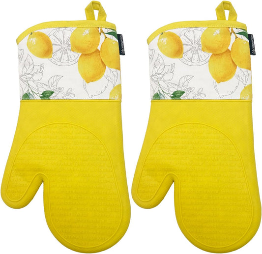 Delaney Silicone Oven Mitts Set - Extra Long, Heat Resistant Kitchen Gloves, Non-Slip Holders for BBQ, Baking, Cooking Essentials, Yellow Citrus, Kitchen Decor, Oven Gloves, New Home Gifts