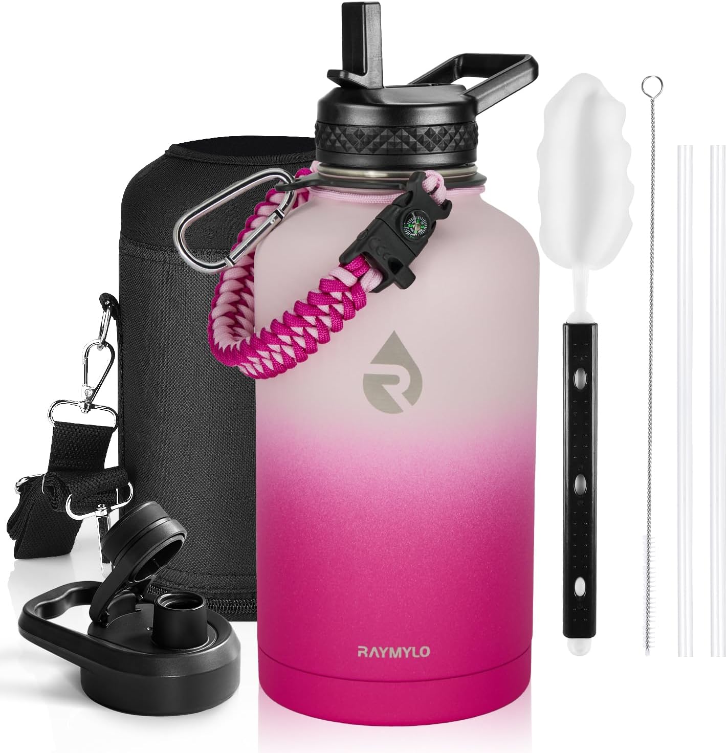 Insulated Water Bottle 64 oz, Triple Wall Vacuum Stainless Steel (Cold for 48 Hrs), Leak Proof & Non-BPA, Half Gallon Water Flask Jug with Paracord Handle & Straw Spout Lids, Ombre Pink