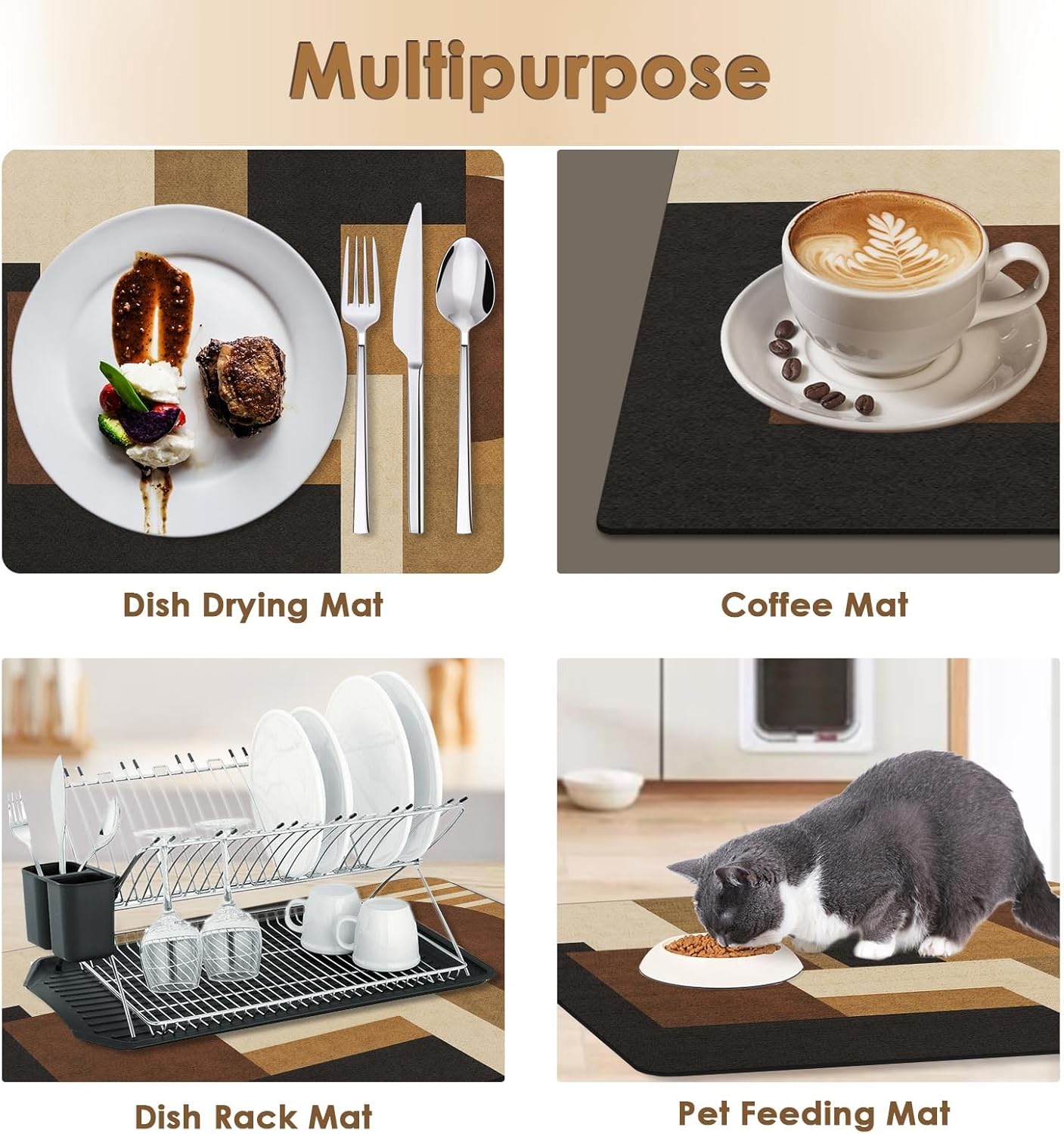 Arttown Coffee Mat for Countertops, Retro Ethnic Geometric Modern Black Brown Dish Drying Mat 2 Pcs for Kitchen Bar Accessories, Coffee Maker Espresso Machine Dish Rack Hide Stain Rubber 12x19in