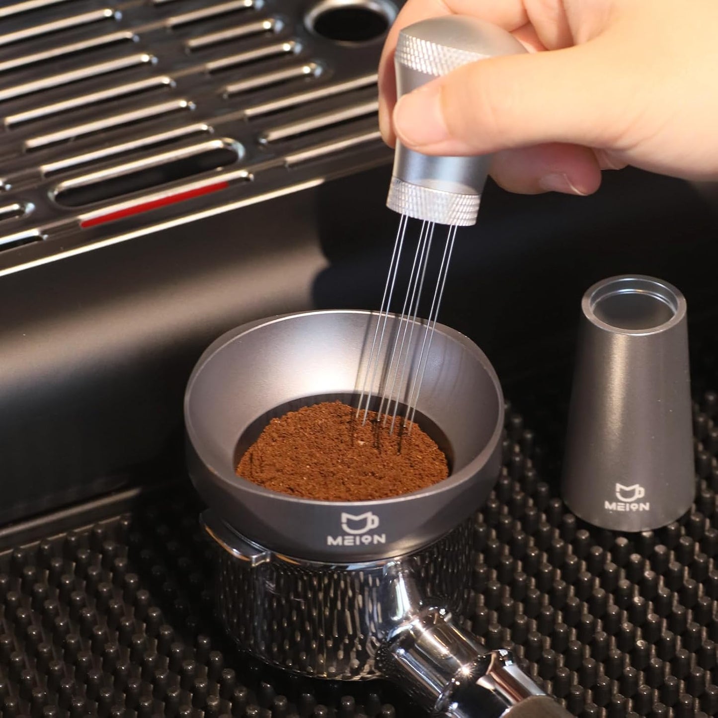 MEION 54mm Espresso Dosing Funnel and Puck Screen Set for 54mm Breville Portafilters, Magnetic Coffee Funnel, Reusable 53.3mm Espresso Puck Screen, Espresso Tools Espresso Accessories (Silver, 54mm)