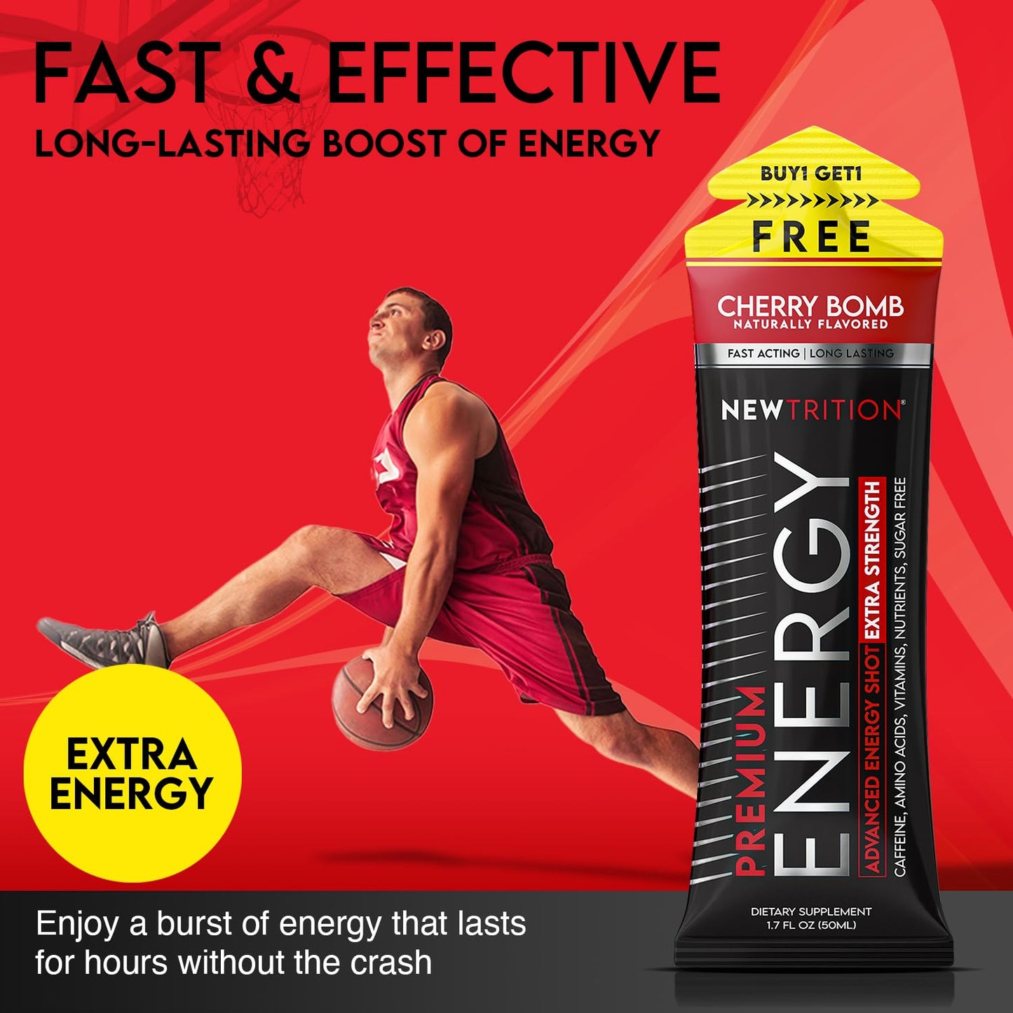 NewTrition® Extra Strength Energy Shots, 250mg Caffeine Energy Shots with Vitamin B & Amino Acids, Sugar-Free Vitamin Energy Shot, 1.7 fl oz (Pack of 24, Cherry Bomb)