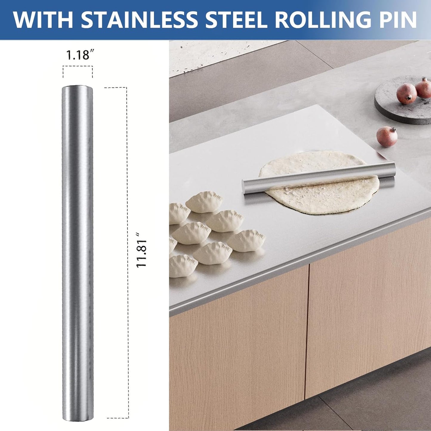 304 Stainless Steel Cutting Board with Rolling Pin&Non-Slip Mat, Cutting Chopping Boards with Lip Large Heavy Duty Baking Board for Meat Vegetables Fruits Cheese Bread Pastry- 35.4”L x 19.7”W