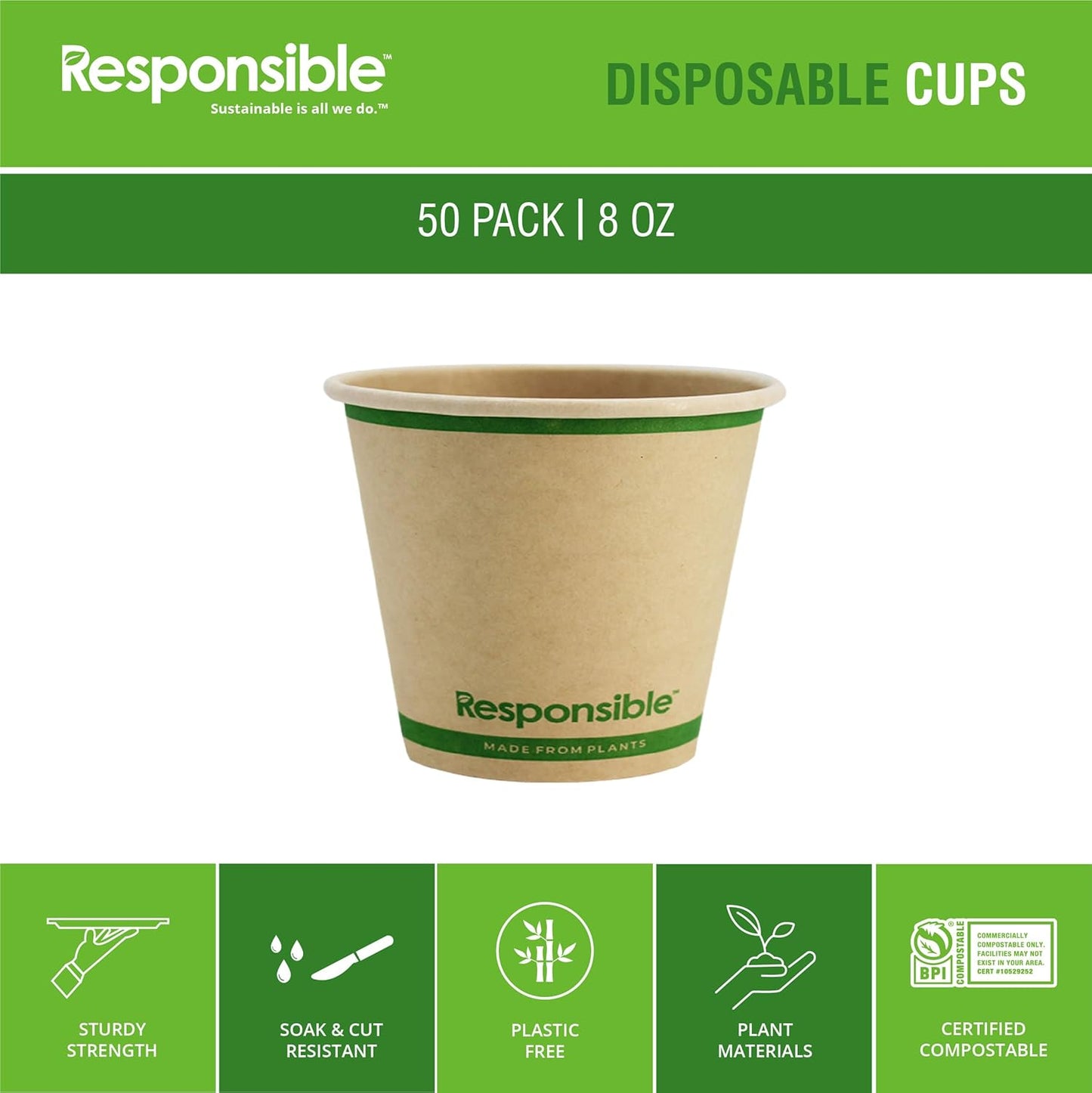 Certified Compostable 8 oz Paper Cups, Cold ＆ Hot Coffee Cups, Disposable Paper Cups, Extra Strength Disposable Cups, Made without PFAS (50 count)