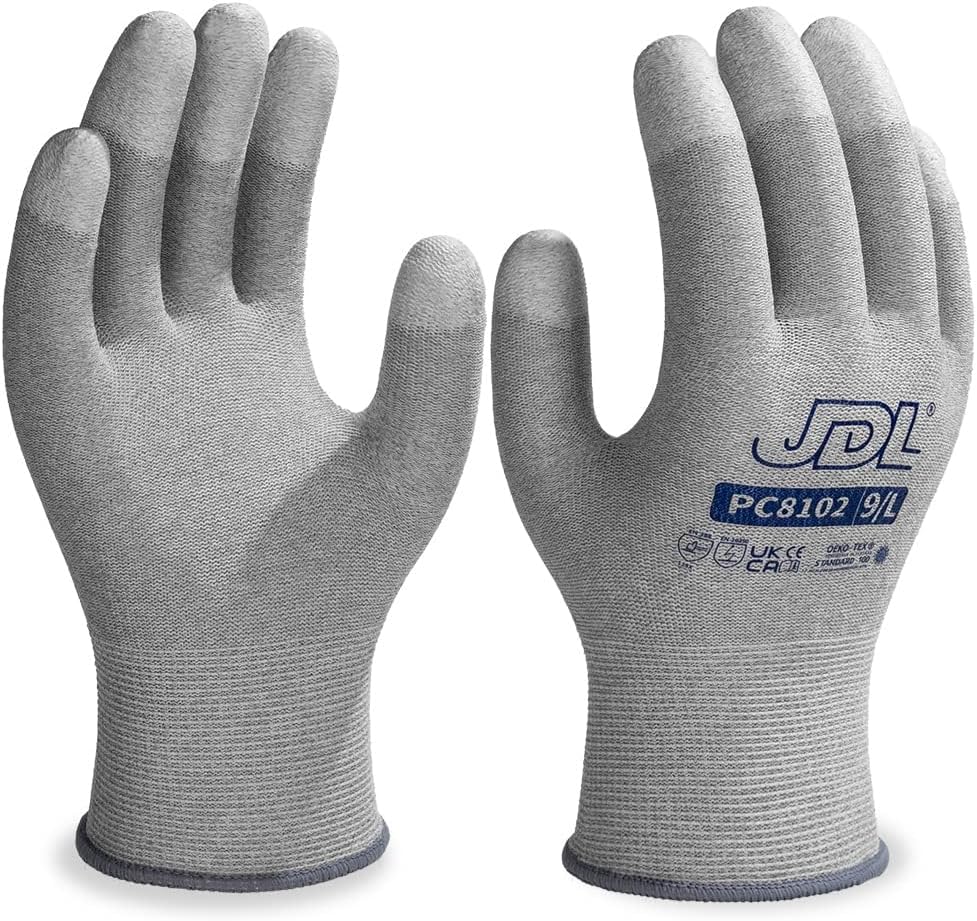 JDL ESD Work Gloves, Anti-Static Gloves for PC Building, Computer Installation & Repair, High Resistance Carbon Fiber Gloves, 12 pairs, Small