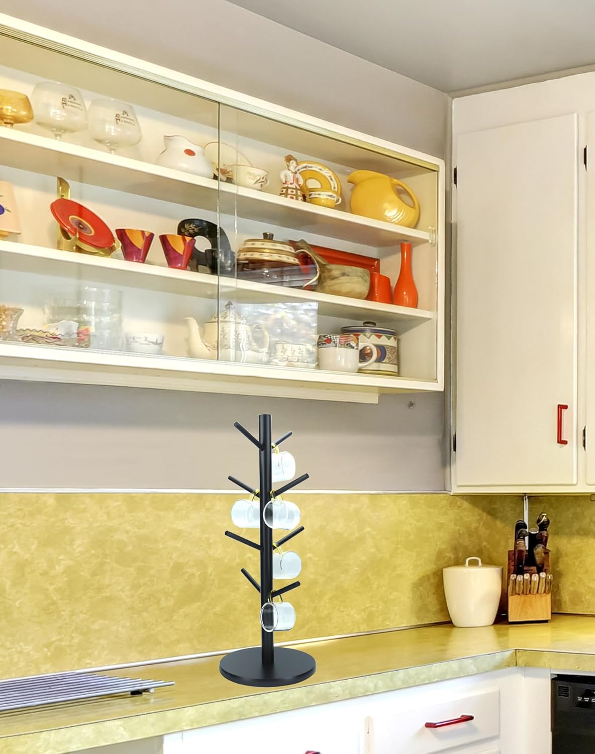 QWORK Wooden Mug Holder Tree with 8 Hooks - Black, Non-Slip Padded Base, Multipurpose Organizer for Mugs, Donuts, and Jewelry