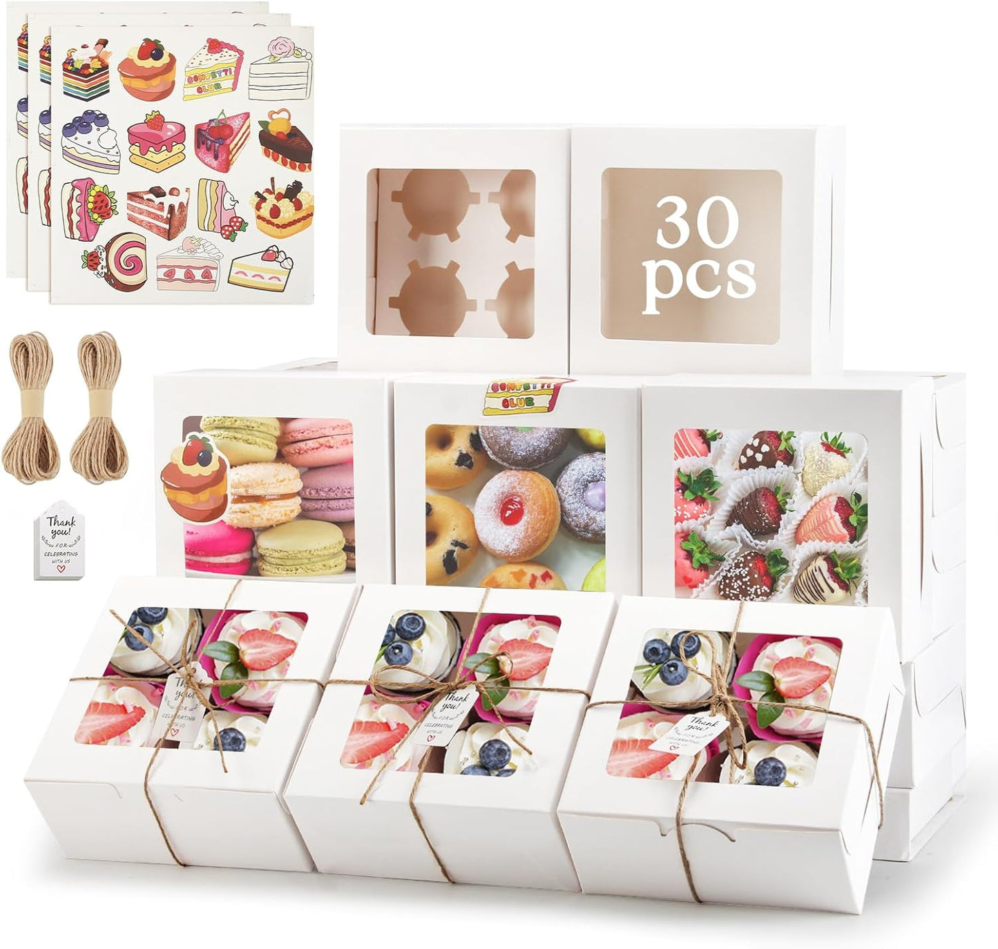 OAMCEG 30 Pack Cookie Boxes with Window 6x6x3 Inches White Bakery Treat Boxes with Stickers & Twine for Pastry, Desserts, Strawberries, Cupcakes, Gift Giving