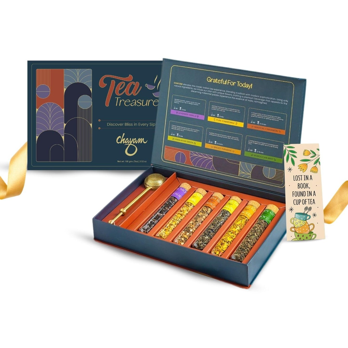 CHAYAM 6 Tube Tea Gift Set | Herbal & Green Loose Leaf Teas in Glass Tubes & a Lead-Free Brass Infuser | Chamomile, Mint, Cinnamon, Turmeric, Lavender & Himalayan Green