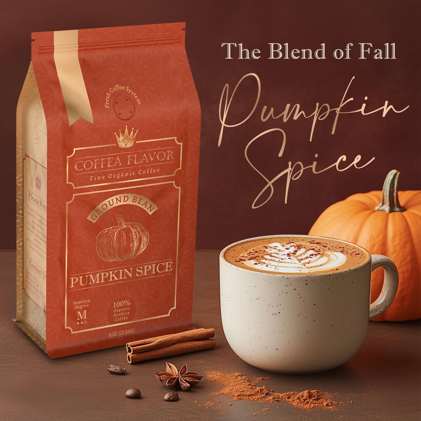 Flavored Ground Coffee – Spice Pumpkin, 100% Arabica, Single Origin, Medium Roast, USDA Organic, Naturally Flavored – by Coffea Flavor