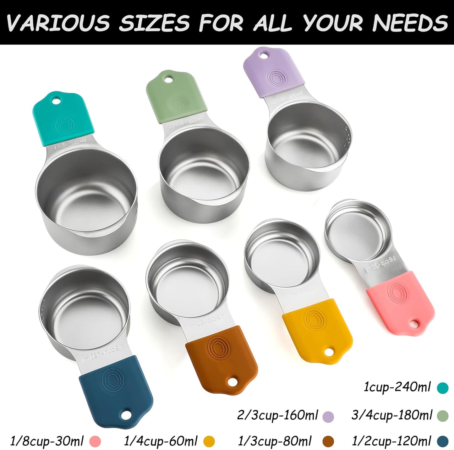 Magnetic Measuring Cups Set 7 Stainless Steel Stackable Nesting Measuring Cups for Measuring Dry and Liquid Ingredients