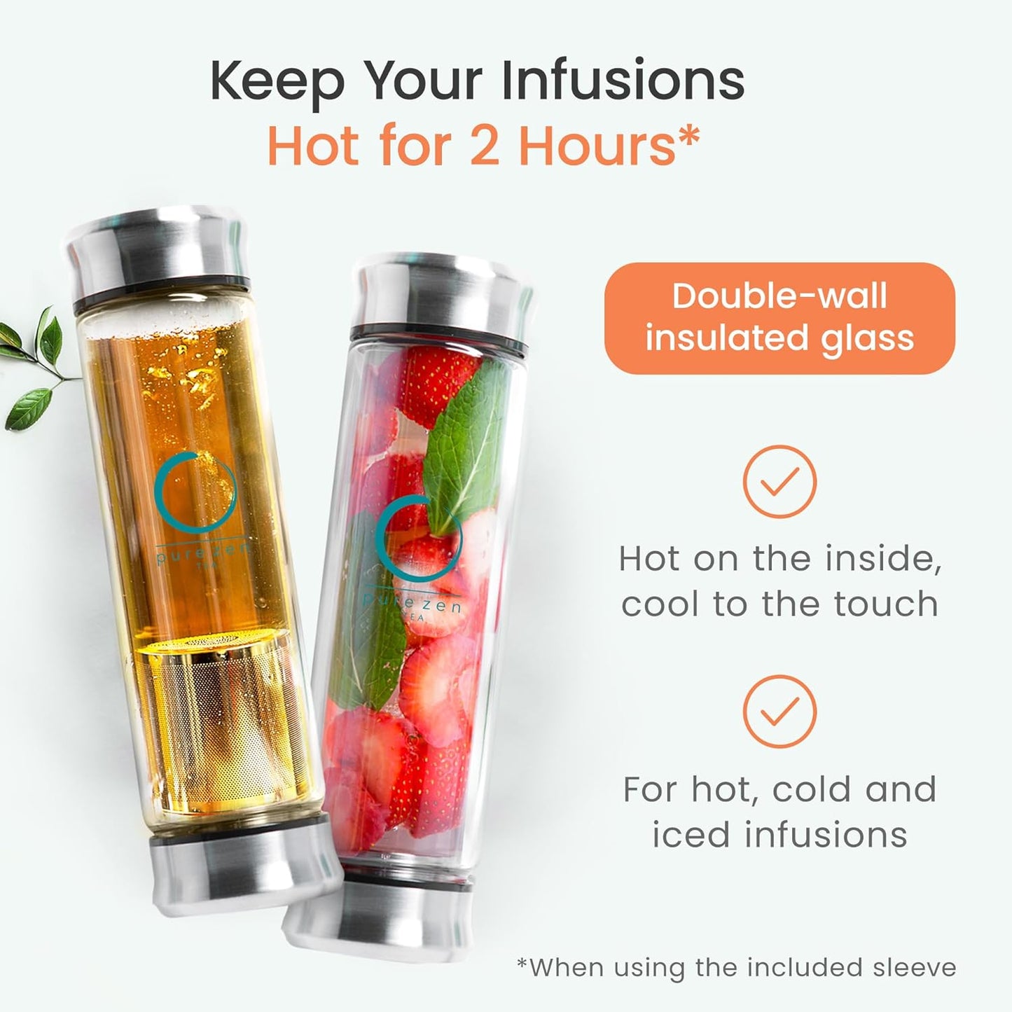 Pure Zen Tea Tumbler with Infuser - Double Wall Glass Travel Mug with Stainless Steel Filter - Leakproof Tea Infuser Bottle for Loose Leaf Infusions and Fruit Infused Water - Unique Gift Set - 13 oz