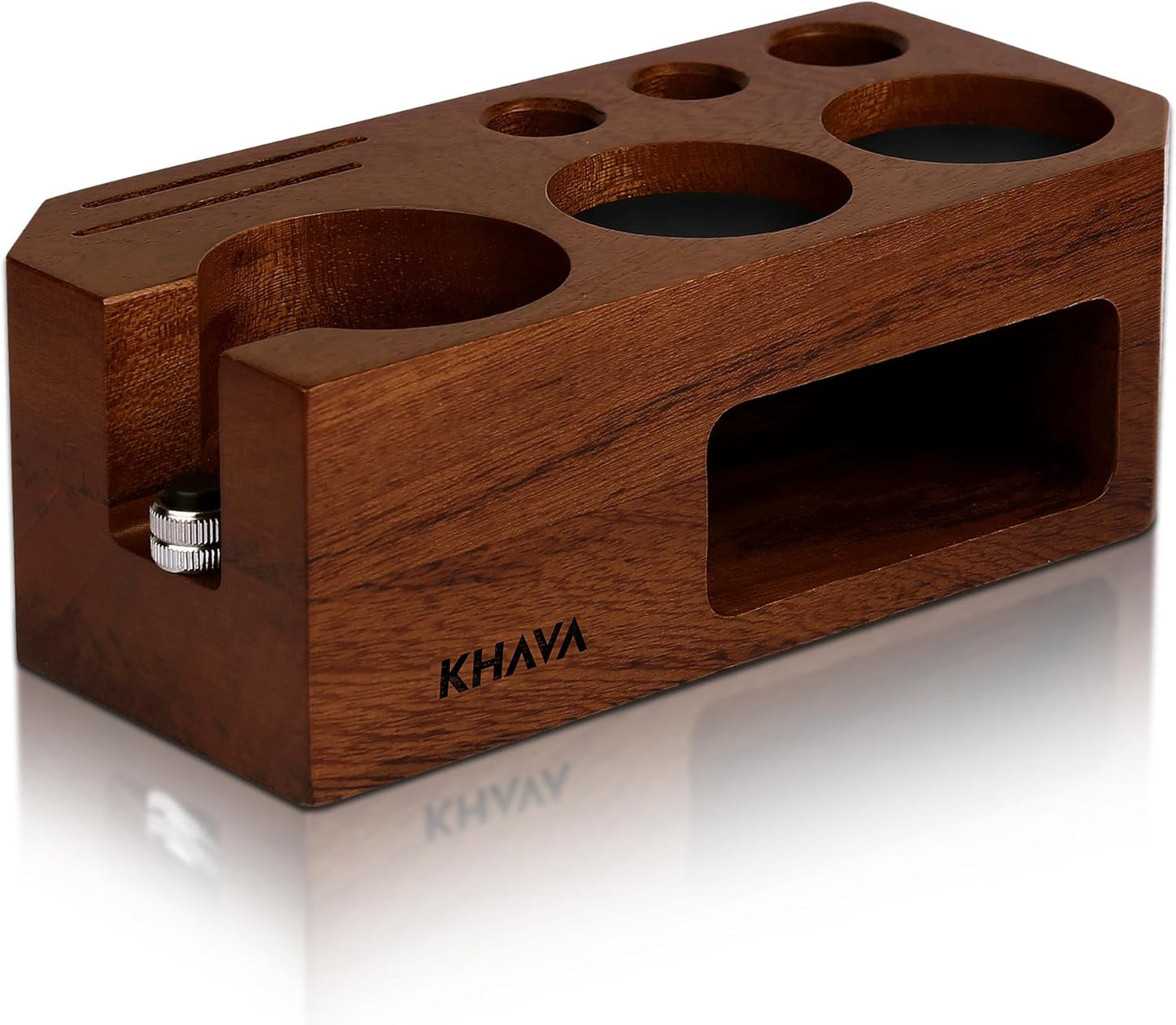 KHAVA Espresso Tamping Station | Wooden Coffee Tamper Station 51-54 mm | Espresso Organizer & Portafilter Holder | Coffee Station Organizer for Countertop | Espresso Accessories for Coffee Bar, Brown