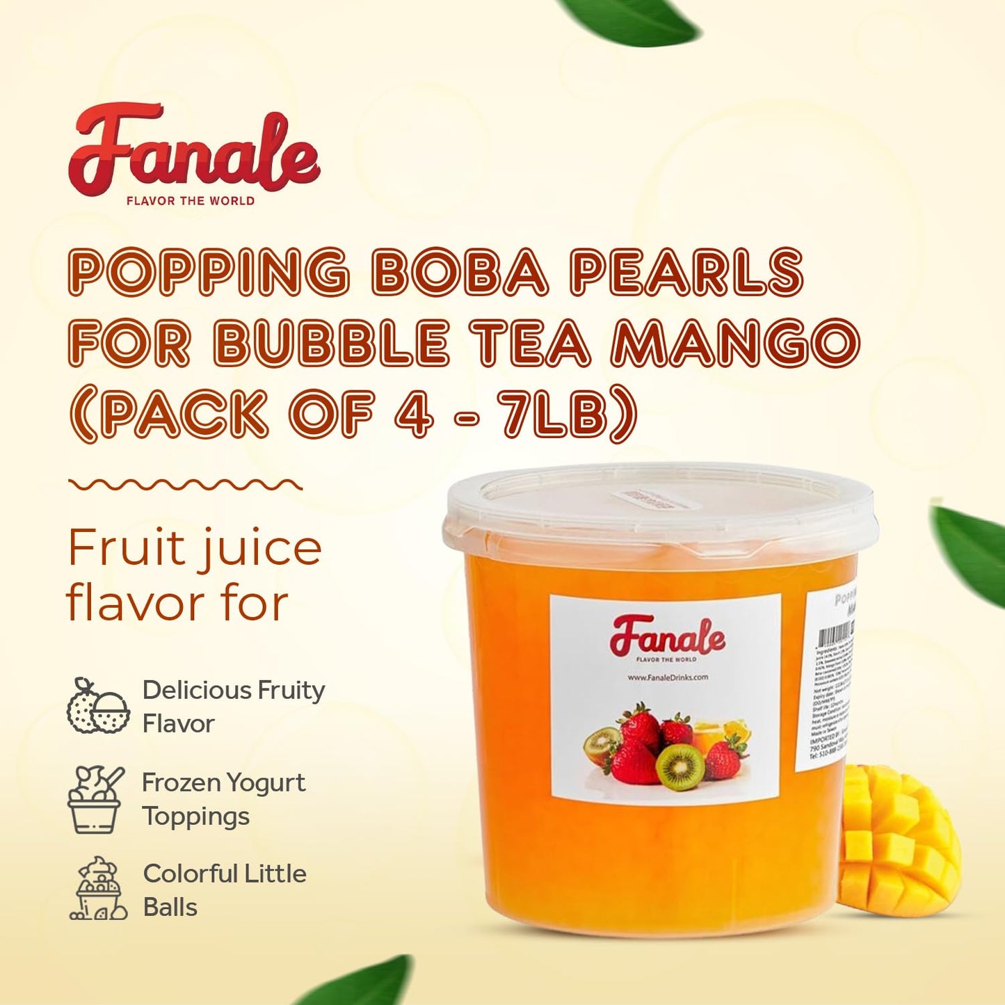 Fanale Mango Popping Boba Pearls, Vegan, Non GMO, Gluten Free, Fat Free, Perfect for Bubble Tea, Smoothies, Ice Cream, Desserts, and Beverages.