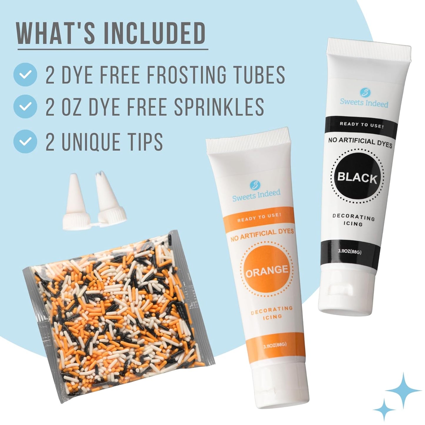 Sweets Indeed Dye-Free Halloween Frosting & Sprinkles Set – 8.22 oz | 2 Frosting Tubes (Orange & Black) + 2 Decorating Tips + 2 oz Sprinkle Mix (Black, Orange & White) | No Artificial Dyes Cupcake & Cookie Decorating Kit