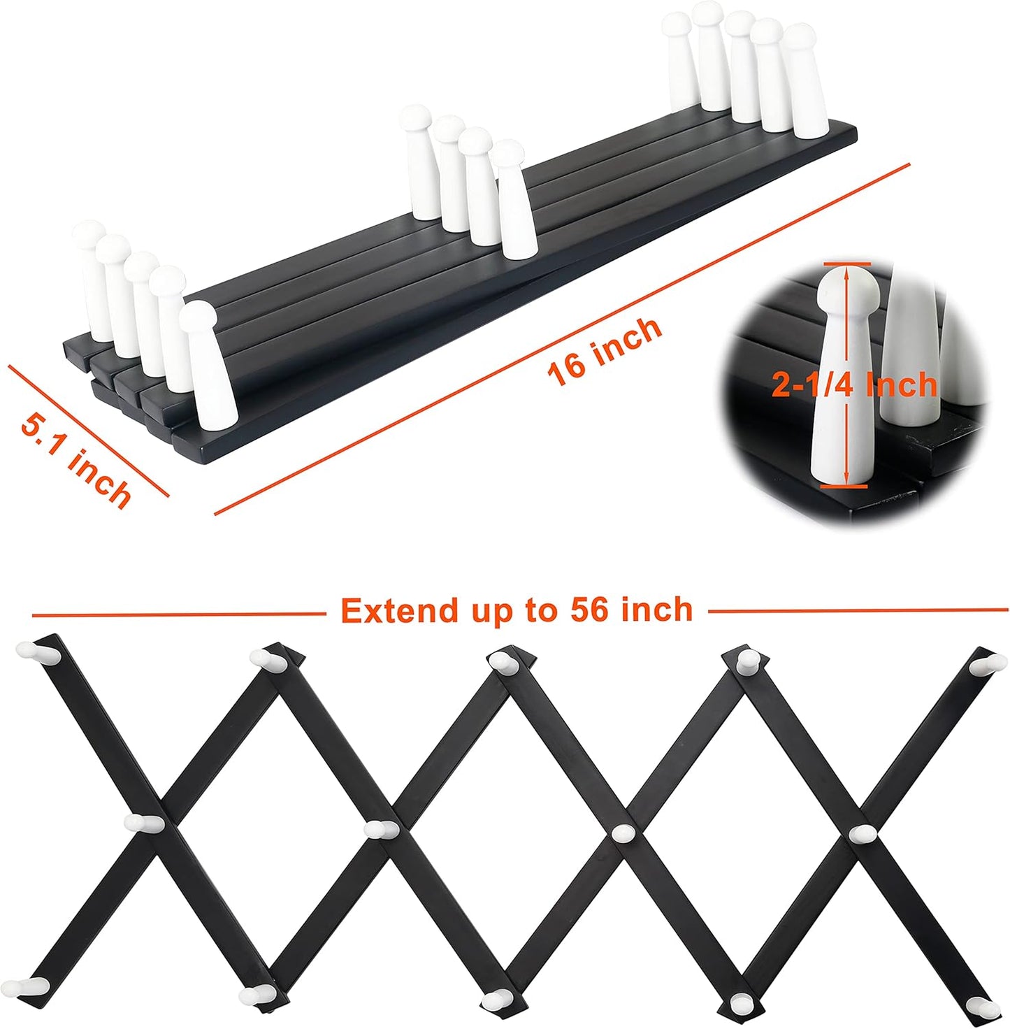 Dseap Accordian Wall Hanger: 16” High Wooden Wall Expandable Coat Rack, Hat Rack Holder, Accordion Hook for Baseball Caps, Coats, Mugs, 14 Peg Hooks, Black & White