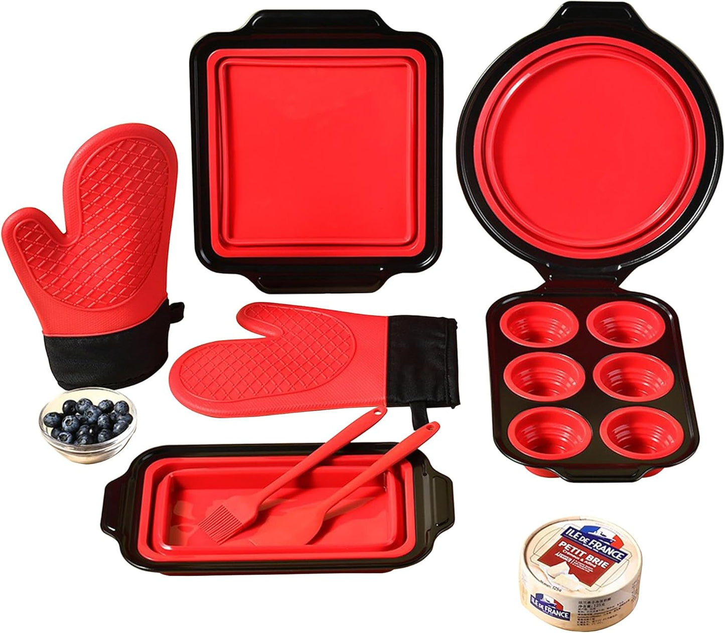 8 Piece Red Silicone Bakeware Sets, Nonstick Baking Pans, Silicone Baking Sheet Set with Press to Release Design, Oven Mitts, Spatula & Brush Flexible, Stackable, BPA Free, Dishwasher & Oven Safe