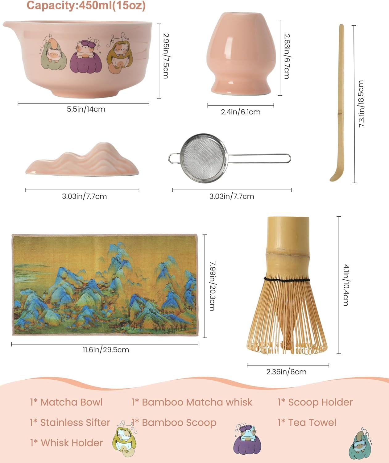 Matcha Whisk Set, 7 Pcs Pink Matcha Set Includes Matcha Bowl,Matcha Whisk and Holder, Bamboo Scoop, Scoop Rest, Sifter and Tea Towel -Matcha Kit for Matcha Lovers