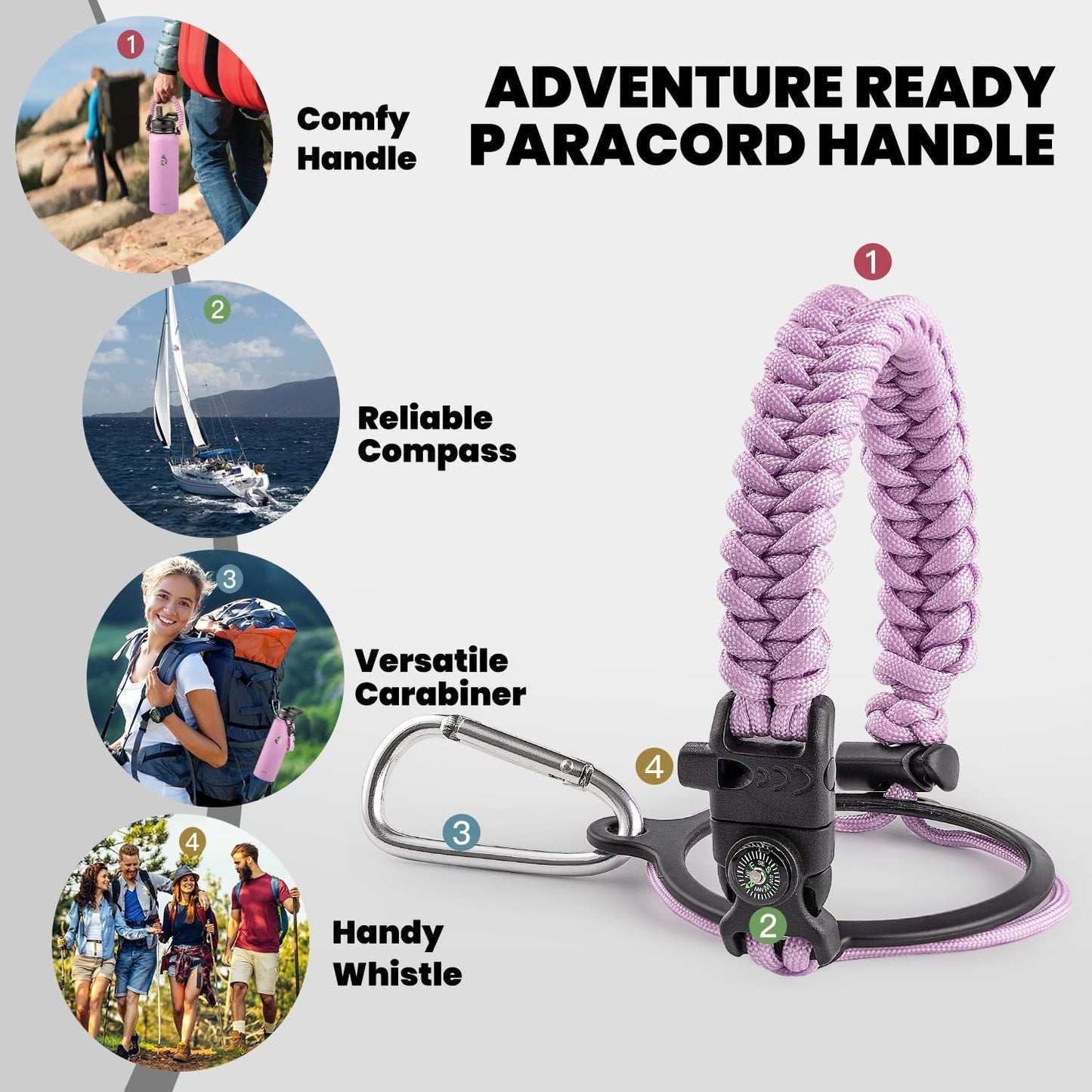 Insulated Water Bottle 40 oz, Triple Wall Vacuum Stainless Steel (Cold for 48 Hrs), Leak Proof & Non-BPA, Modern Water Flask Jug with Paracord Handle & Straw Spout Lids, Lilac