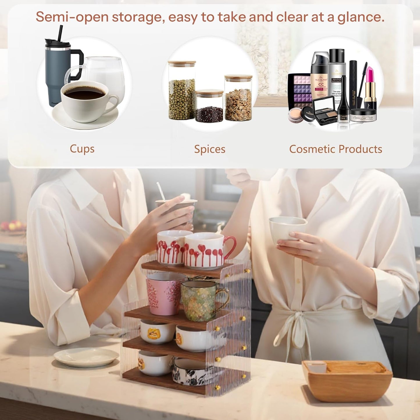 Coffee Mug Holder Wooden Cup Station Organizer 4-Tier Cup Holder for Coffee Bar Mug Display Rack for Countertop Mug Holder Shelf for Home Kitchen Wood