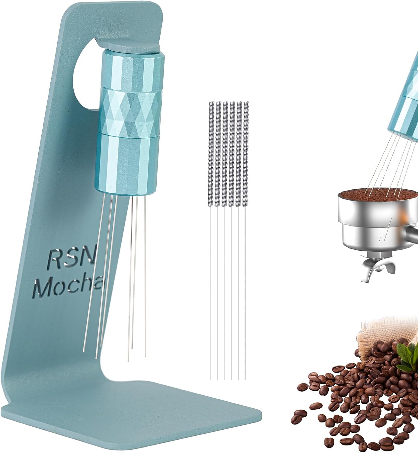 WDT Tool Espresso Distribution Tool,Coffee Distribution Tool with Magnetic Stand, Espresso Accessories with 6 Extra Φ0.25mm Stainless Steel Needles for Barista (Mint Green, Φ0.25mm)