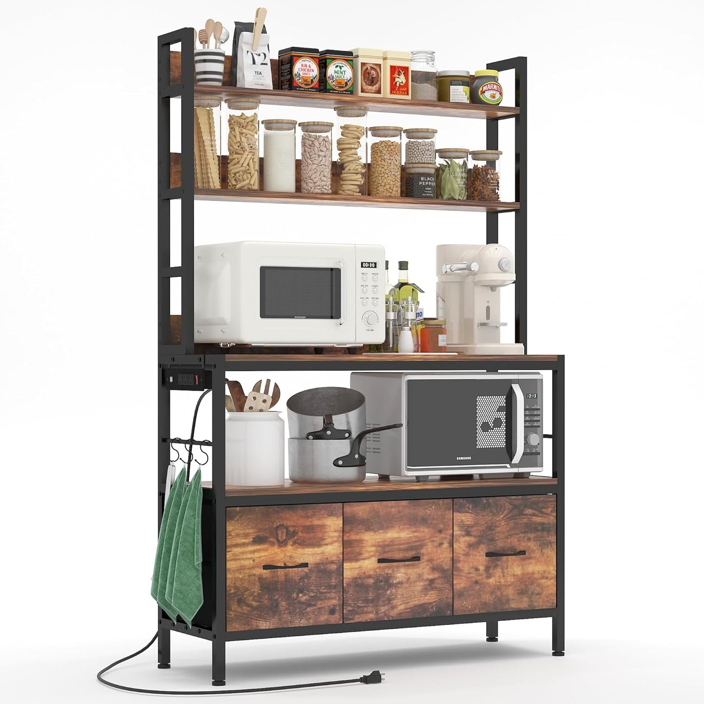 Kitchen Bakers Rack with Power Outlet,5-Tier Free Standing Storage Shelf Bakers Rack with Baskets,Industrial Microwave Oven Stand,Metal Kitchen Rack Organizer with Hooks