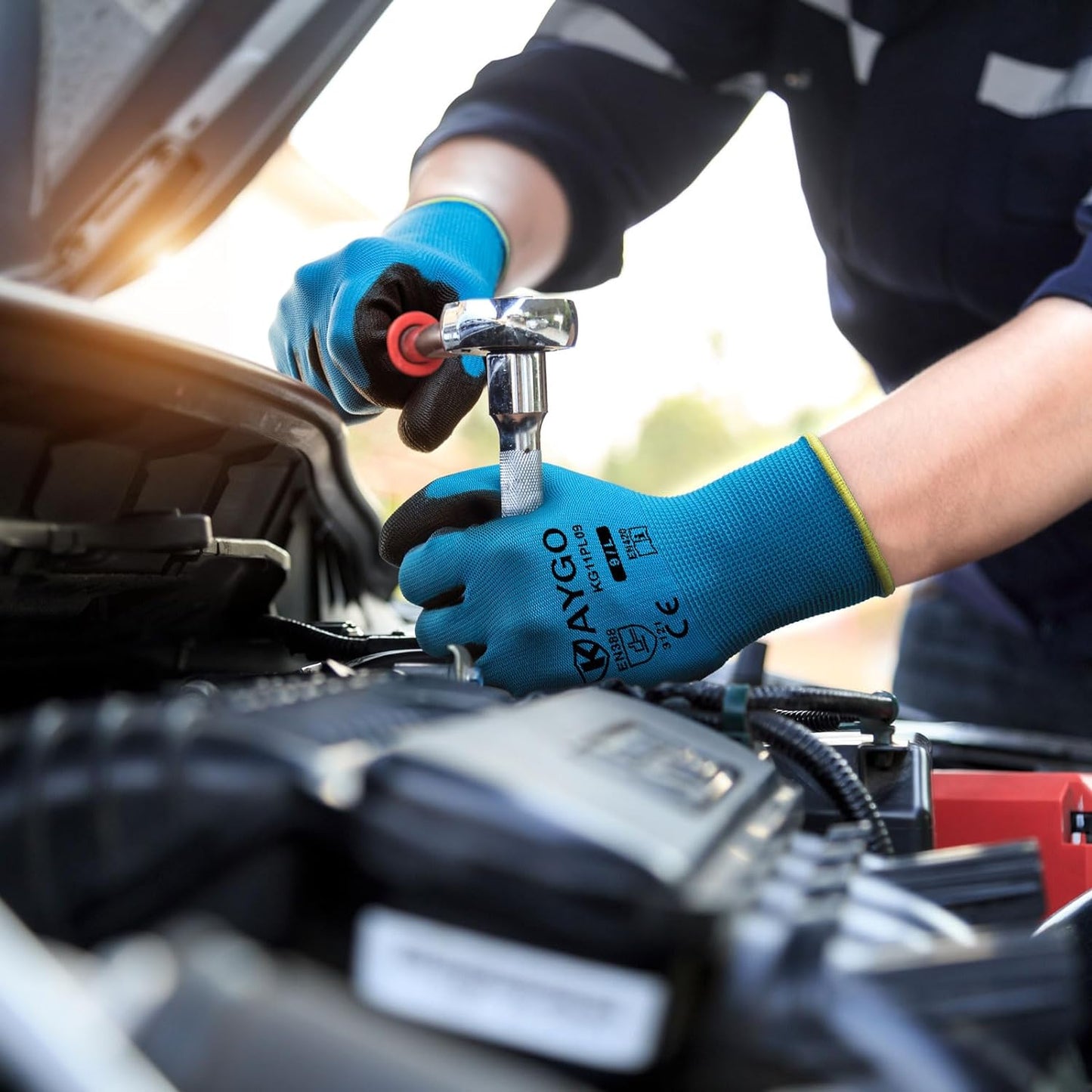 KAYGO Safety Work Gloves PU Coated for Men and Women- KG11P,12 Pairs,Seamless Knit Glove with Two Fingers Touchscreen,Ideal for General Duty Work (Blue,L)