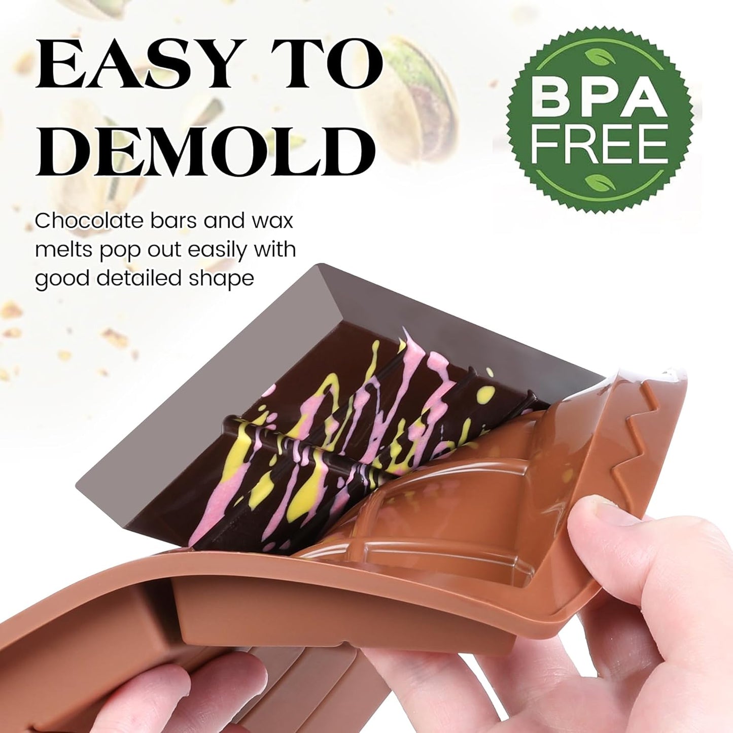 4 Pcs Chocolate Bar Mold Deep Dubai 0.85 Inch Stuffed Chocolate Molds Silicone Large Break Apart Silicone Molds (10 Snap + Pyramid)