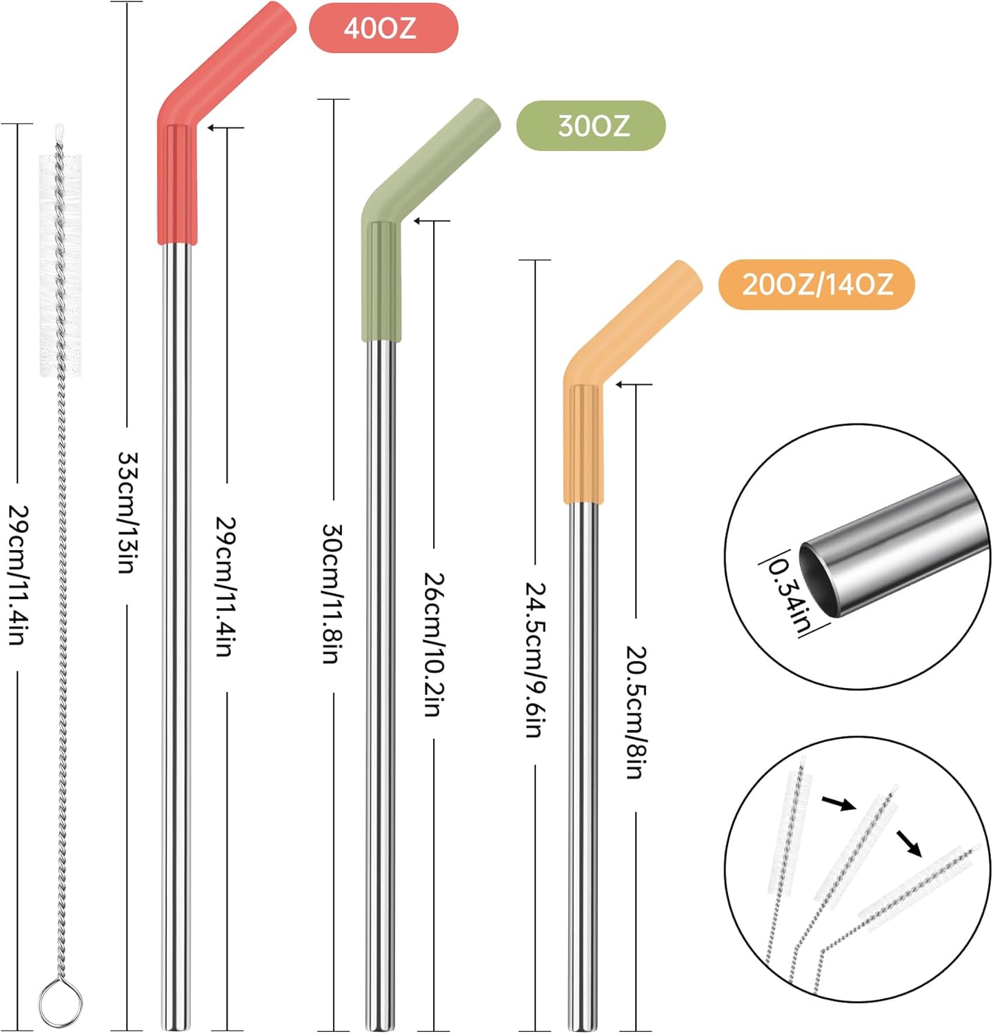 Tomorotec 6-Pack Reusable Stainless-Steel Straws with Silicone Tips, 3 Sizes Compatible with Stanley Tumblers 40OZ 30OZ 20OZ 14OZ, Dishwasher Safe, Includes 2 Cleaning Brushes (Dark Rainbow)