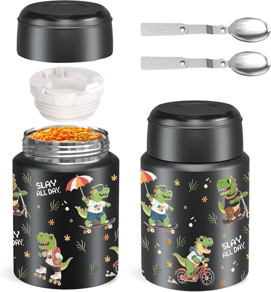 2-Pack Stainless Steel Vacuum Insulated Food Jar with Spoon, Soup Thermo Hot & Cold for Kids & Adults, Leakproof Insulated Lunch Containers with Carry Bag, 17oz.(Black-Dinosaur)