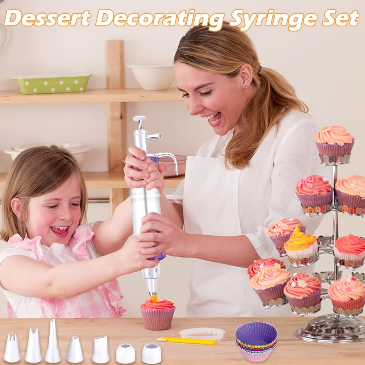 Dessert Decorating Syringe Set, Icing Piping Kit, Icing Dispenser Cupcake Filling Injector, Cake Decorating Kit with 5 Piping Tips Nozzles, Cupcake Decorating Kit