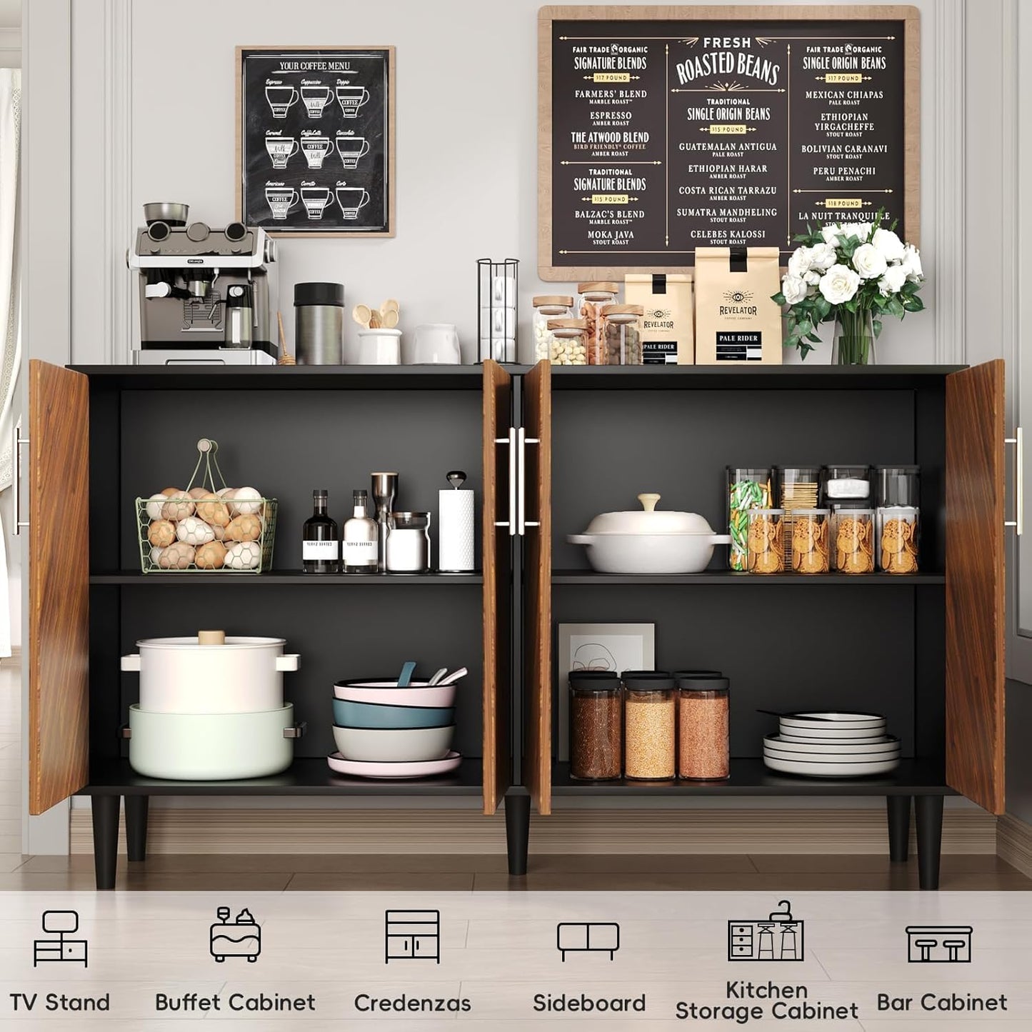 4 EVER WINNER Buffet Cabinet with Storage, 58" Sideboard Cabinet with Adjustable Shelves, Modern Coffee Bar with 4 Doors for Living Room Entryway, Walnut and Black