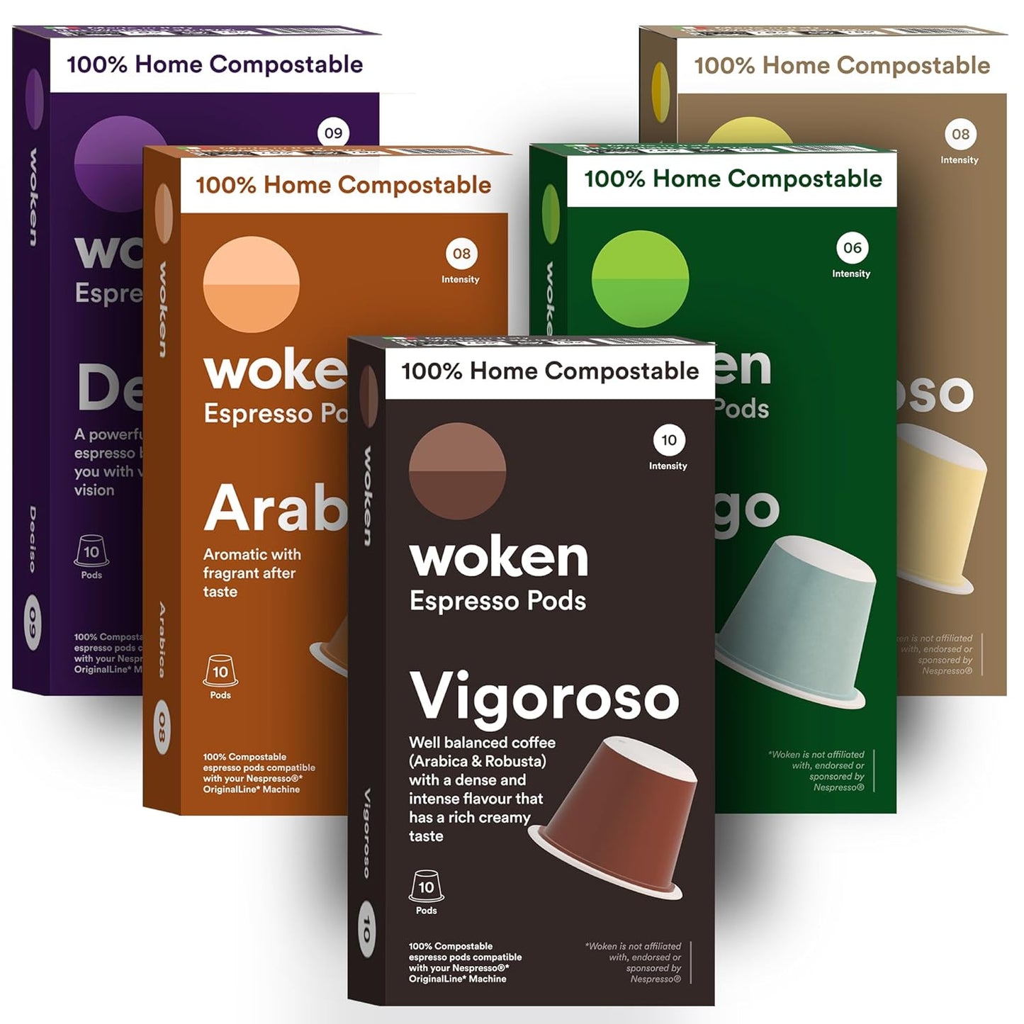 Woken Coffee Compostable Nespresso Pods Variety Pack - Dark and Medium Roast Italian Espresso Compostable Coffee Pods Compatible with Nespresso Machine (50 Pods, 5 Boxes) (Pack of 5), Variety Pack)