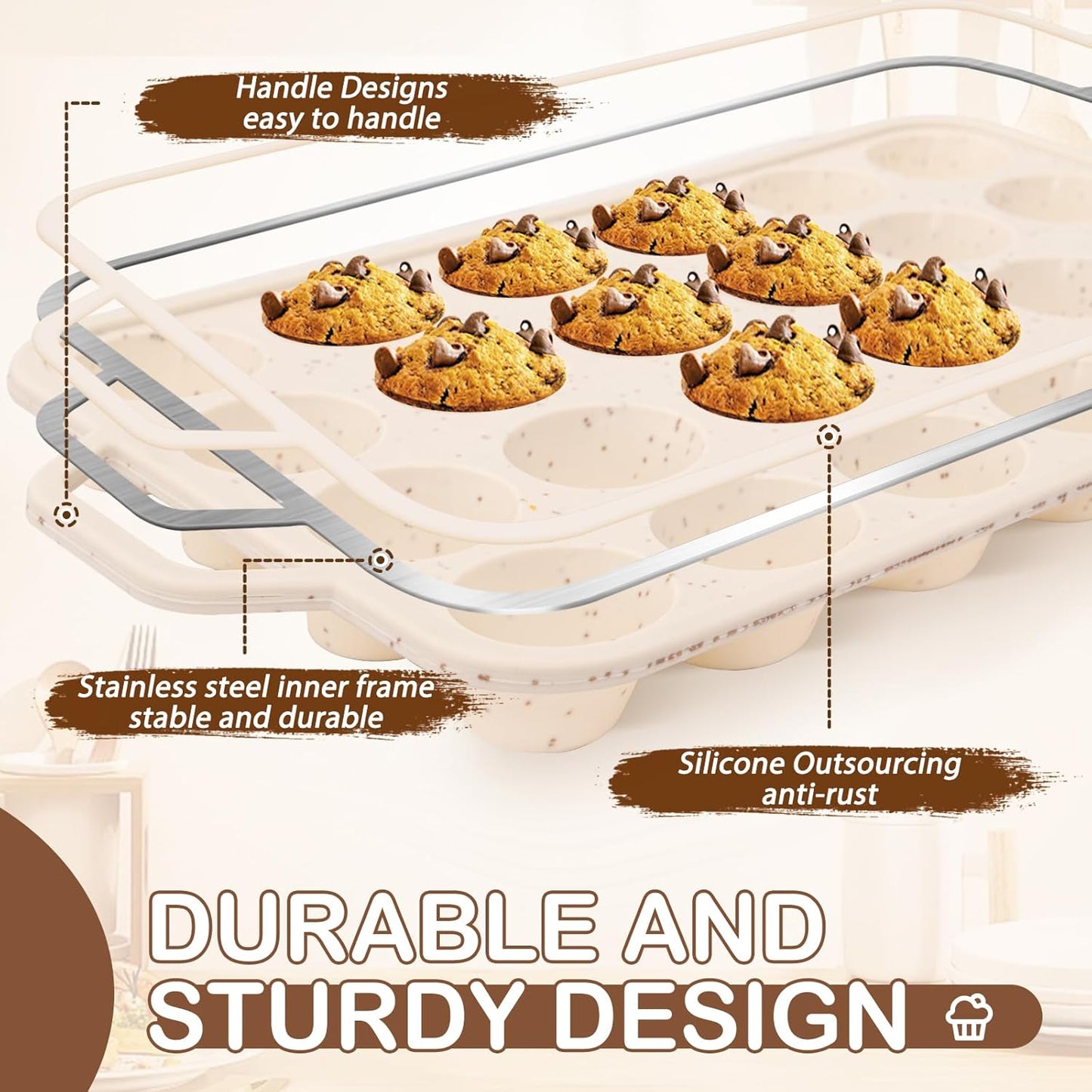 Silicone Mini Muffin Pan, 24 Cups Muffin Tin Baking Mold With Reinforced Stainless Steel Frame Inside, Nonstick Bakeware Cupcake Pan BPA Free, 2PCS