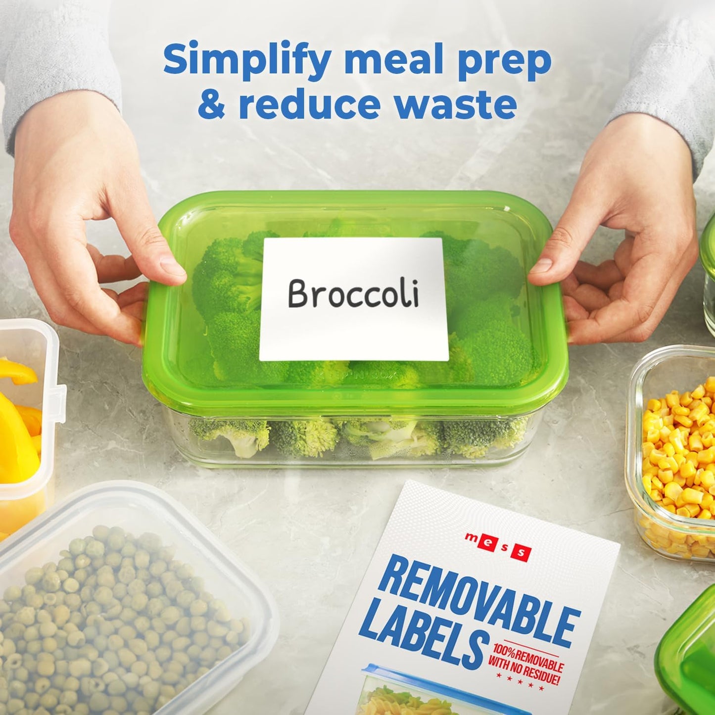 MESS Removable Food Labels for Containers (48-Pack) 3x4" Erasable Kitchen Labels for Organizing, Freezer & Fridge, White Dry Erase Labels for Jars
