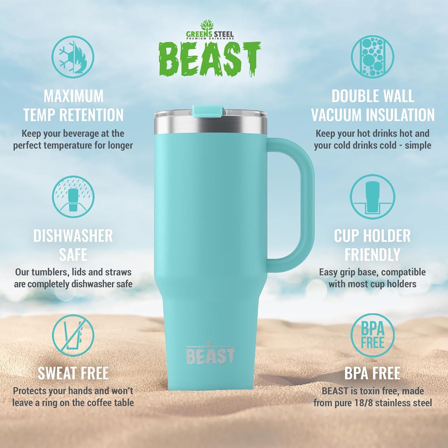 Beast 42 oz Tumbler Stainless Steel Vacuum Insulated Coffee Ice Cup Double Wall Travel Flask (Aqua Blue)